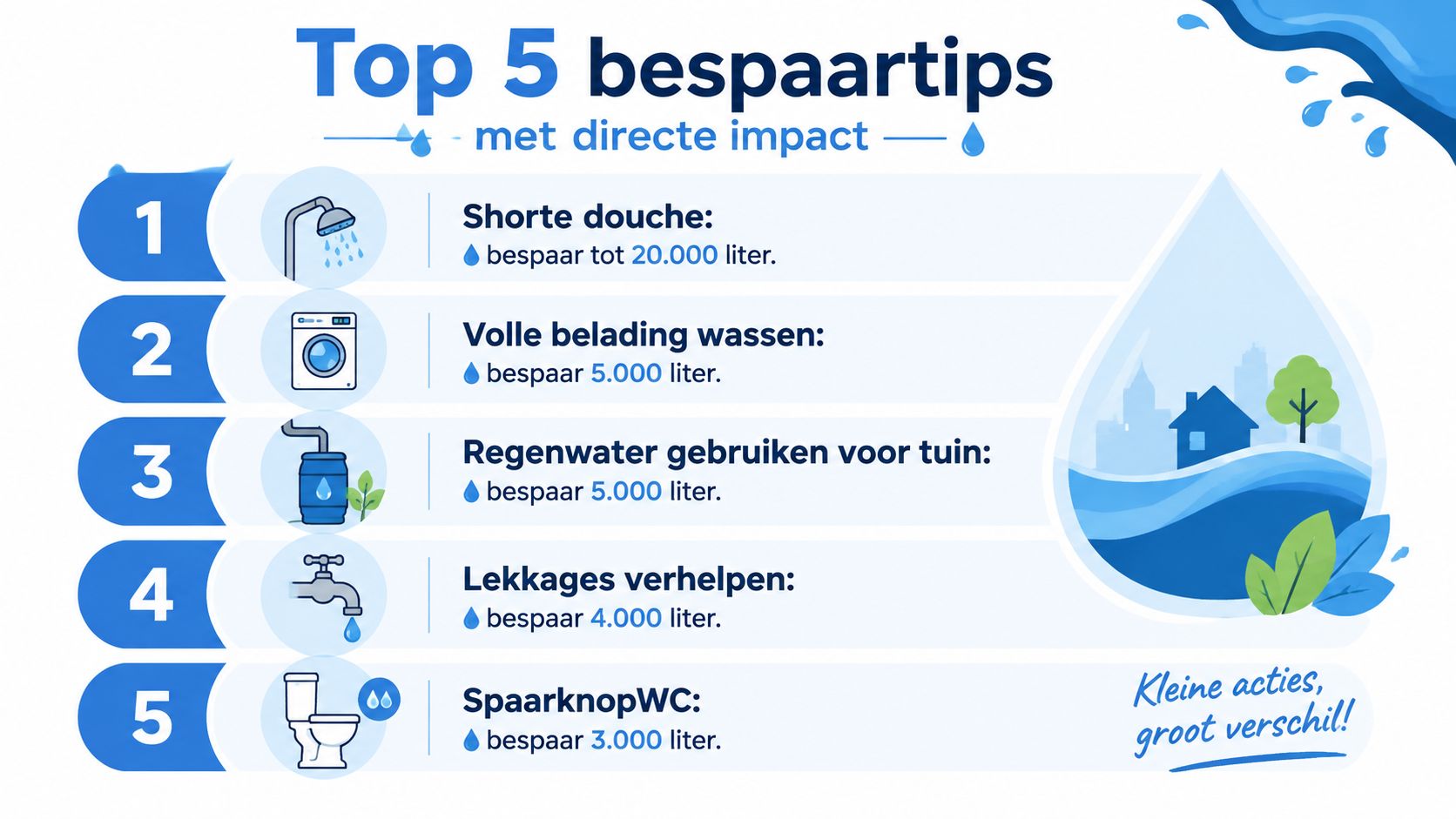 Een infographic die de top 5 bespaartips voor watergebruik in huis met directe impact weergeeft.