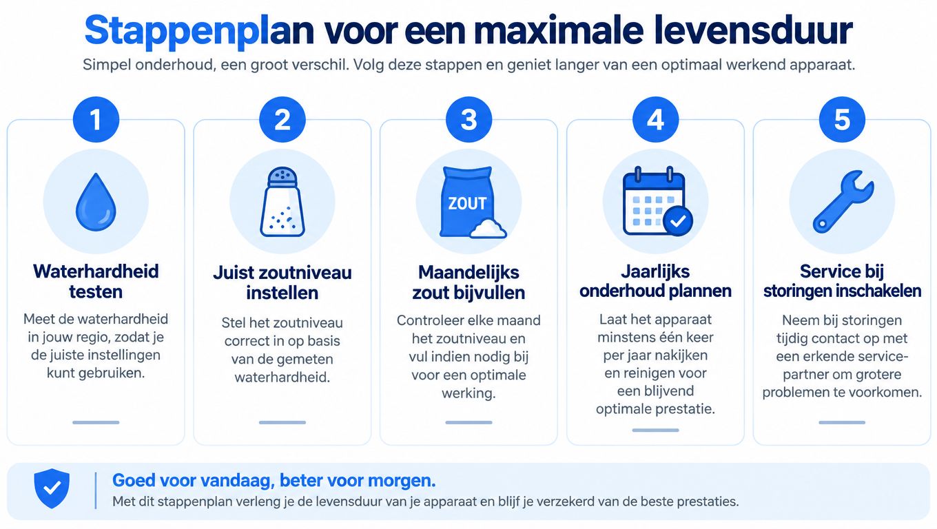 Stappenplan voor maximaal onderhoud en een langere levensduur van uw waterontharder met vijf eenvoudige instructies.