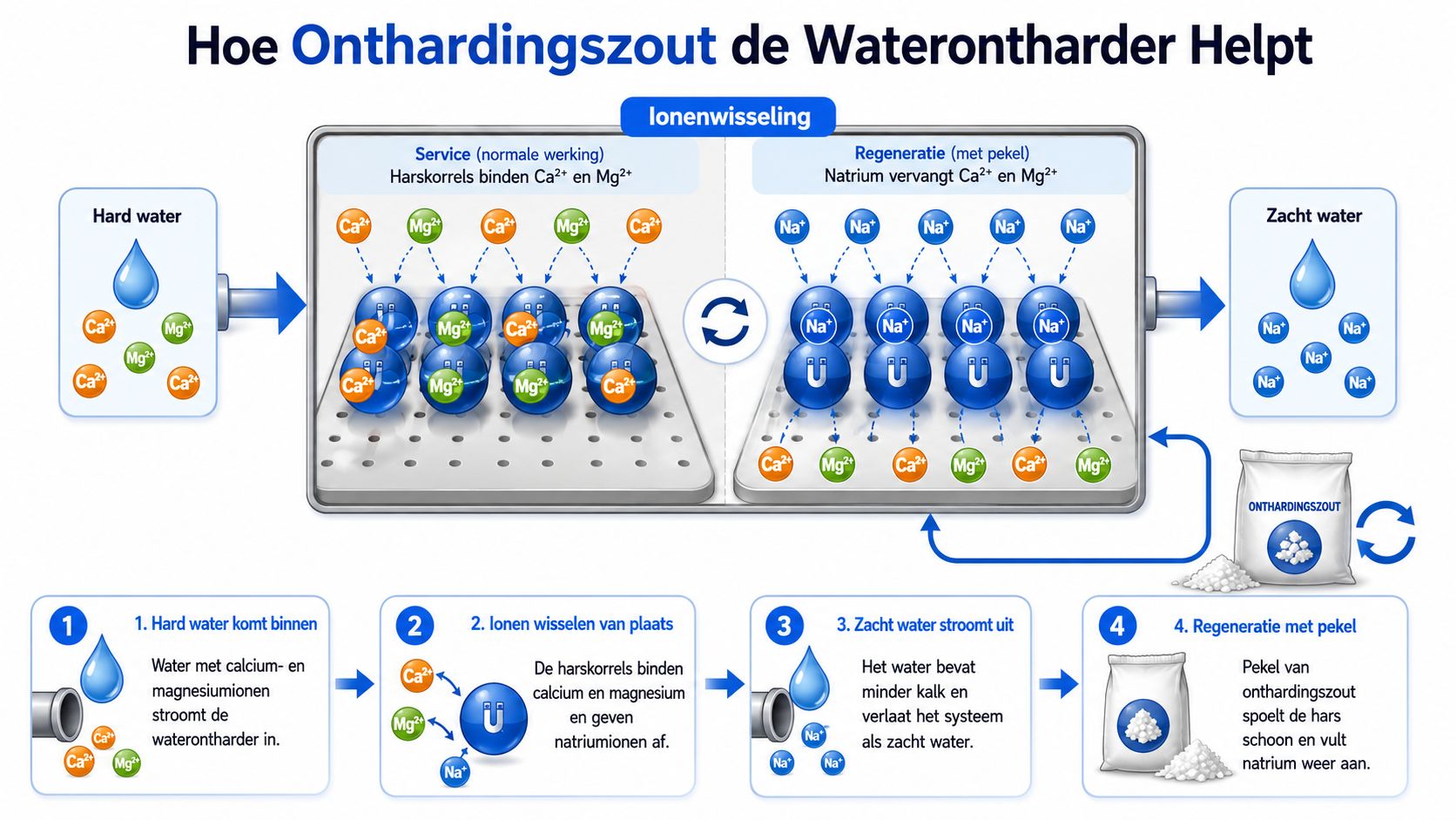 Een informatieve afbeelding die laat zien hoe onthardingszout helpt bij het proces van ionenwisseling in een waterontharder.