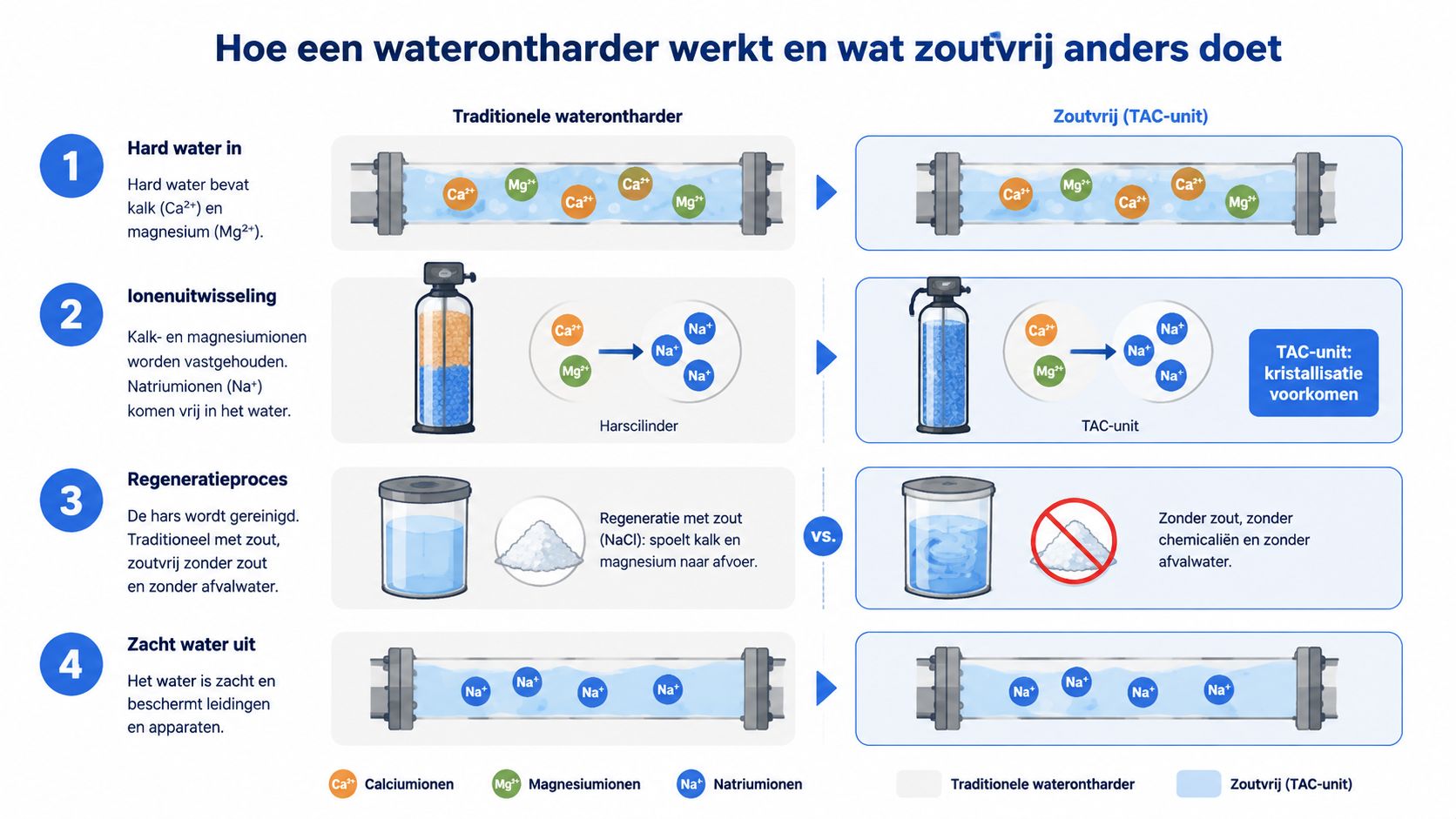 Vergelijking van een traditionele waterontharder met zout en een zoutvrije TAC-unit voor kalkpreventie in leidingwater.