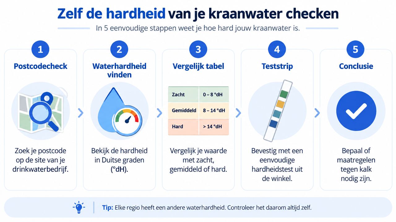 Een infographic die in vijf duidelijke stappen uitlegt hoe je zelf de hardheid van kraanwater kunt controleren.