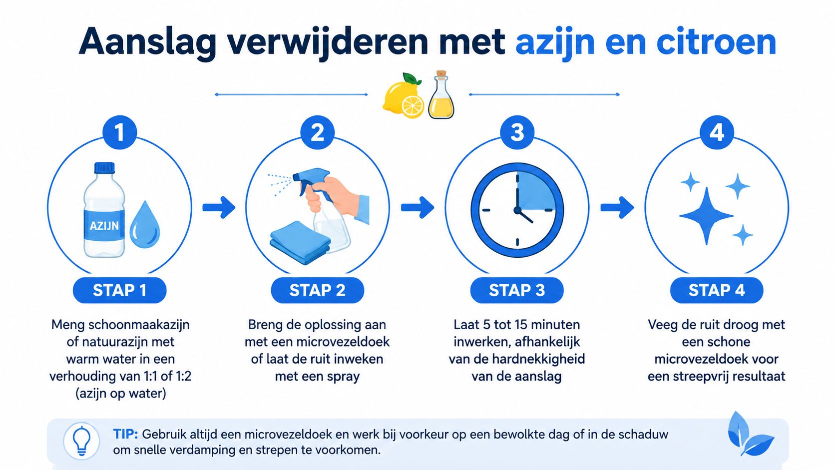 Stappenplan voor het effectief verwijderen van aanslag op glas met natuurazijn en citroen voor een schoon resultaat.