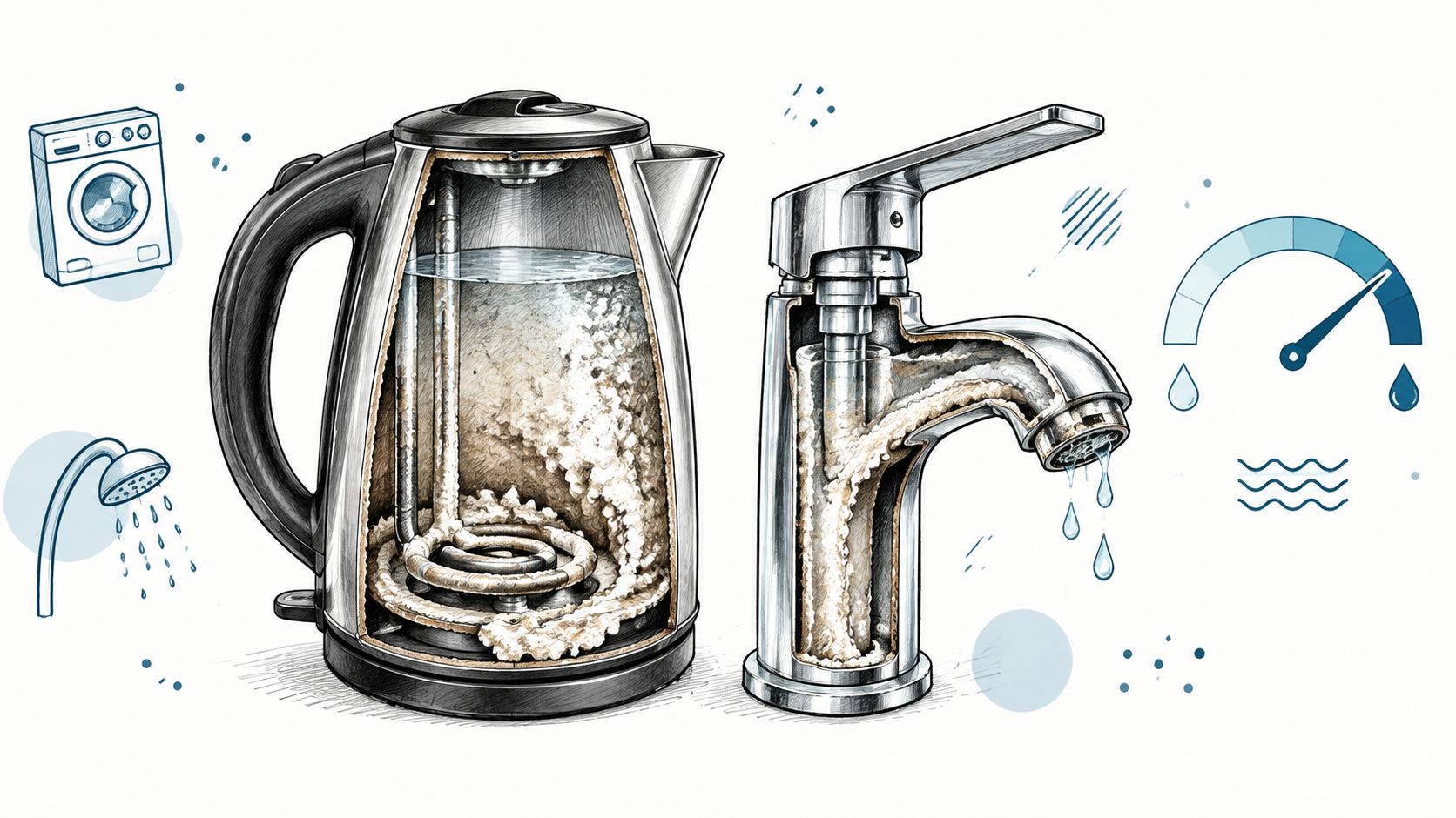 Een illustratie van een waterkoker en kraan met kalkaanslag door hard water in een huishoudelijke omgeving.
