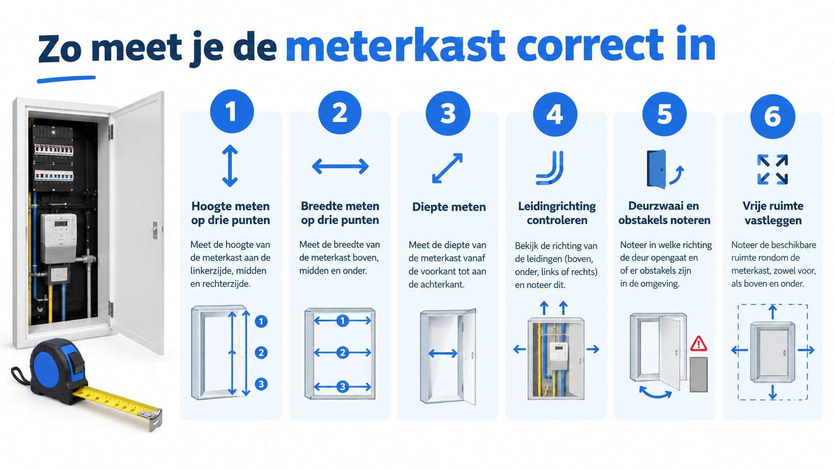 Een informatieve infographic die in zes eenvoudige stappen uitlegt hoe je een meterkast nauwkeurig opmeet voor installaties.