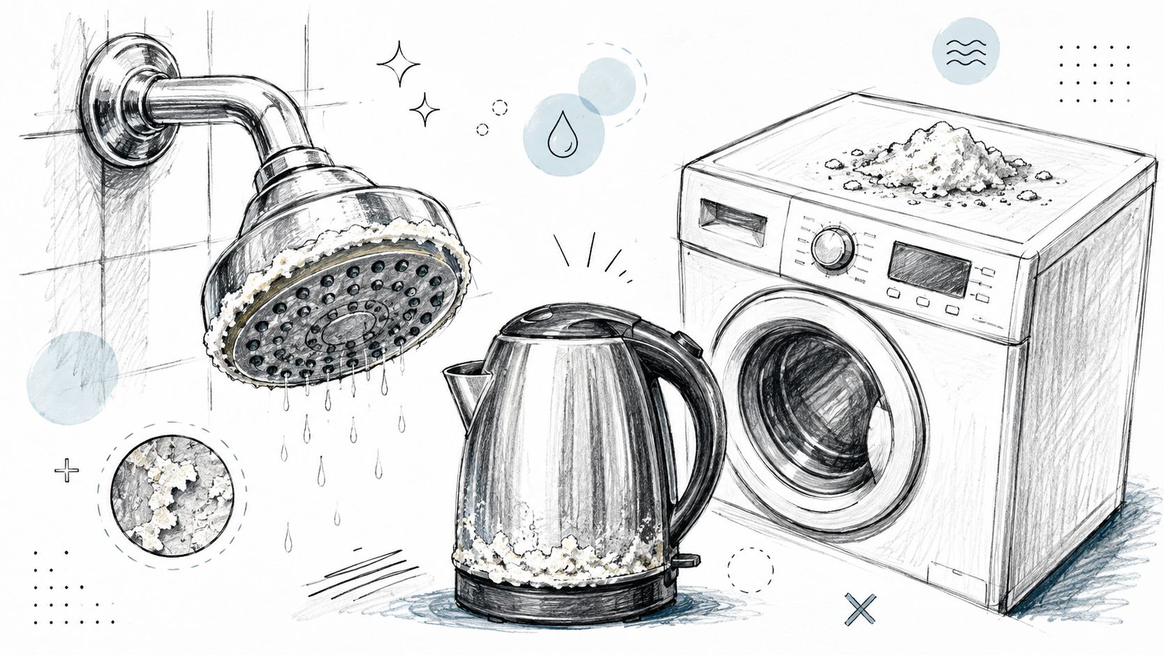 Illustratie van kalkaanslag in een douchekop, waterkoker en wasmachine door hard water in huis.