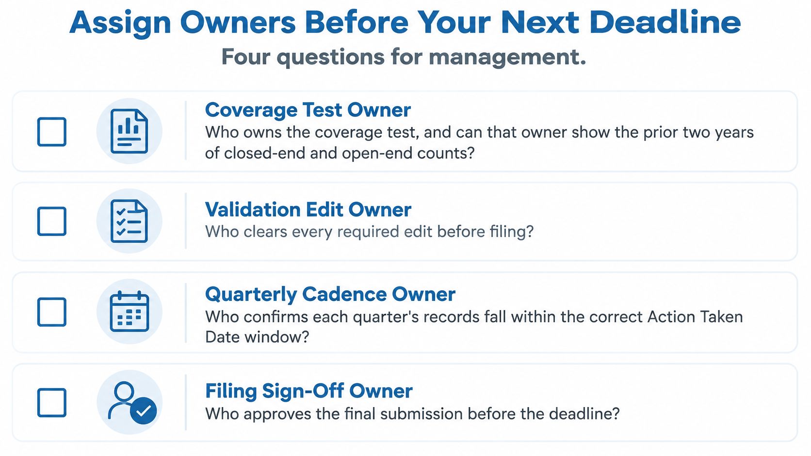 A checklist infographic titled Assign Owners Before Your Next Deadline featuring four management questions for reporting.