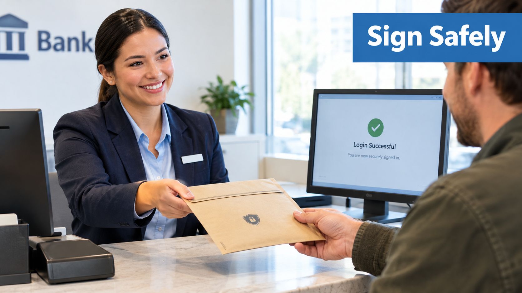 A smiling bank teller handing a secure envelope to a customer in a professional bank office setting.
