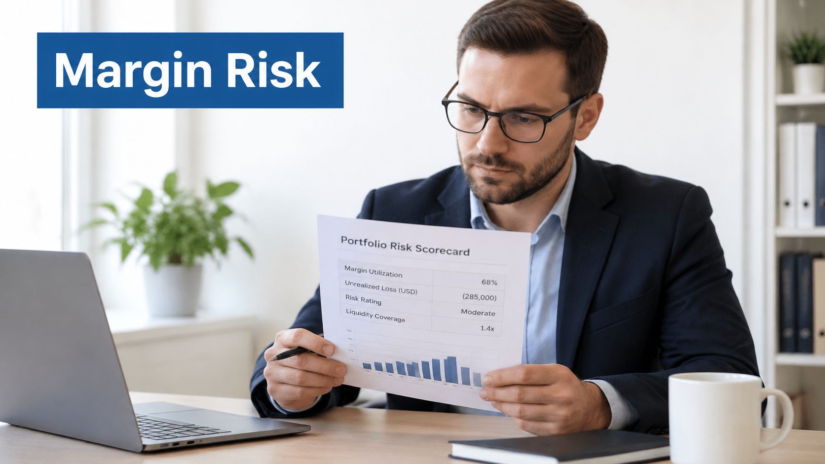 A professional financial analyst reviews a portfolio risk scorecard while sitting at his desk in an office.