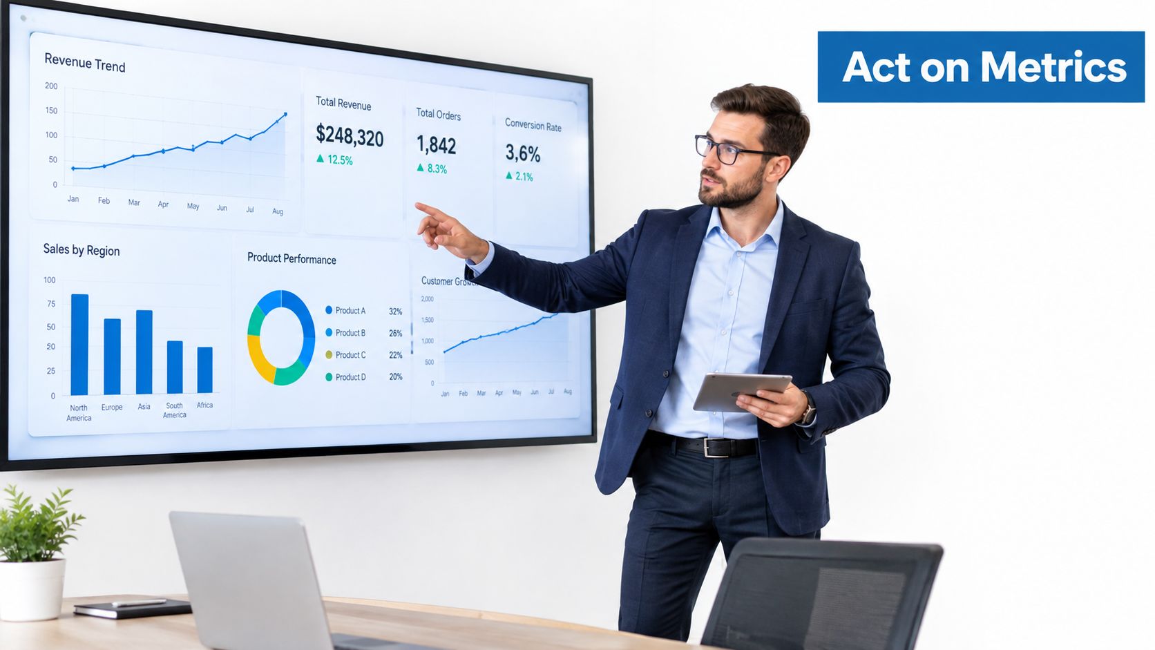A professional man in a suit presenting business data analytics on a large wall-mounted screen.