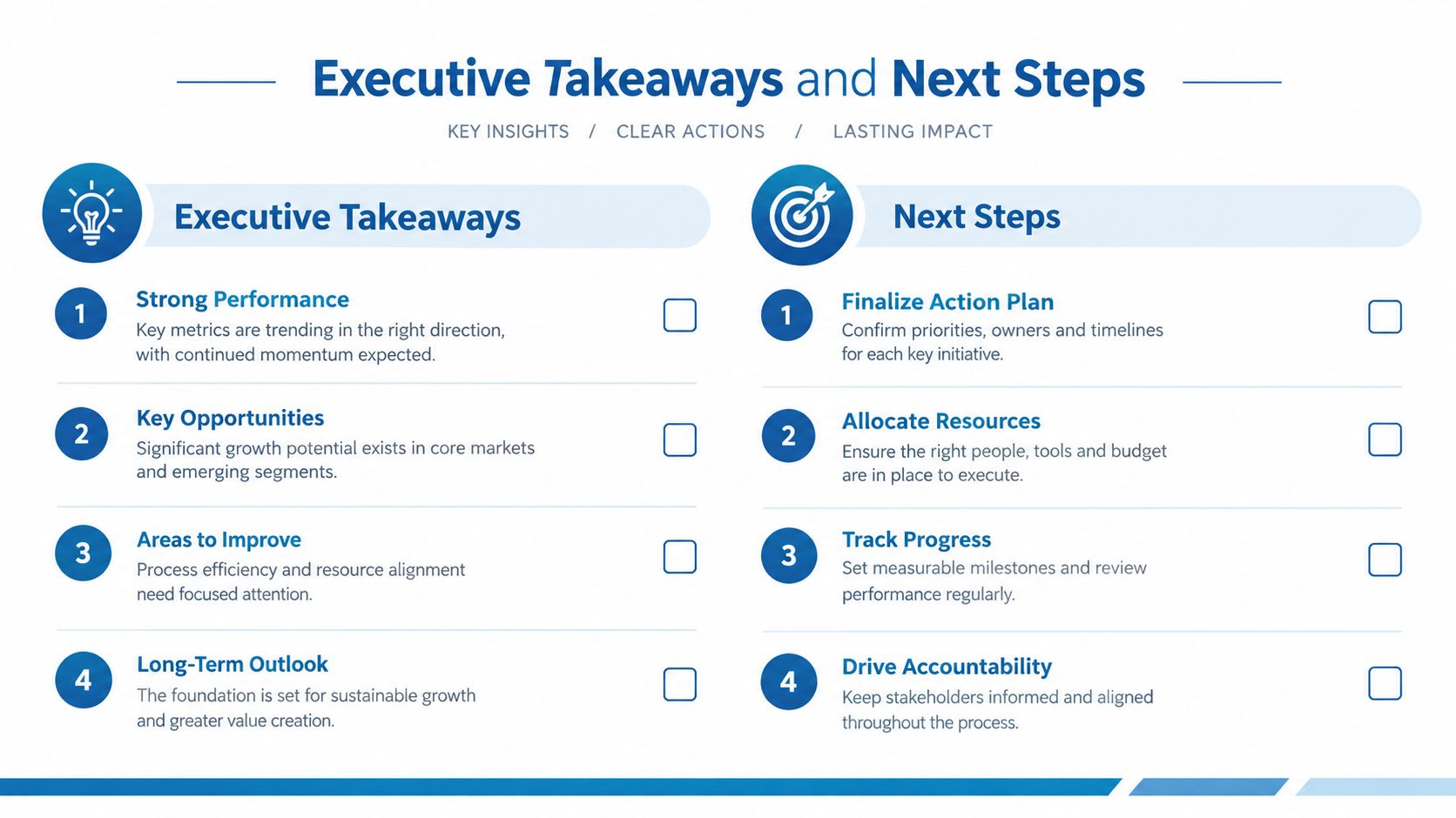 A slide presenting executive takeaways and next steps for business strategic planning and organizational performance management.