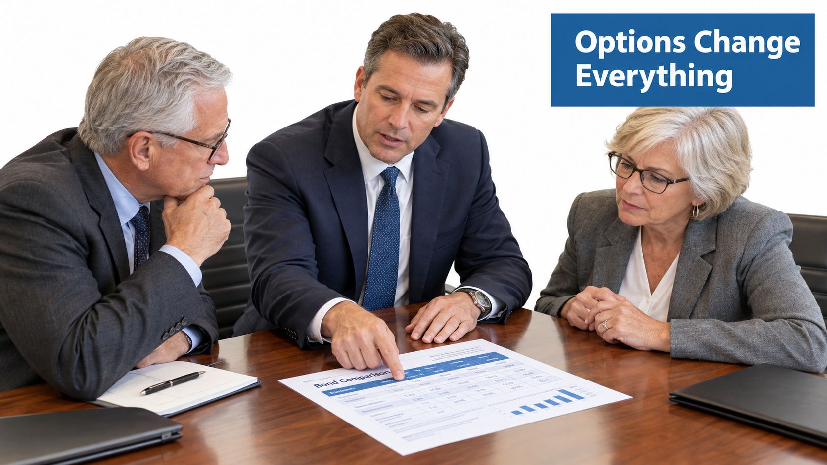 A professional business meeting with three people reviewing financial bond comparison documents at a conference table.