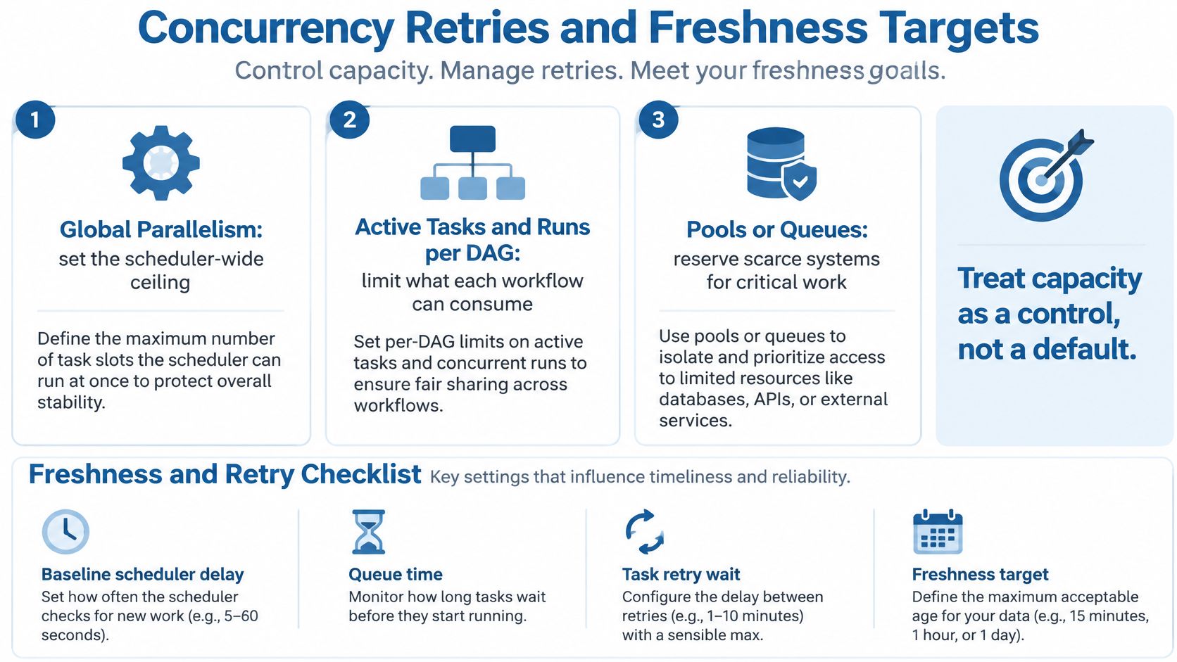 A diagram outlining strategies for managing concurrency, retries, and data freshness in Apache Airflow workflows.