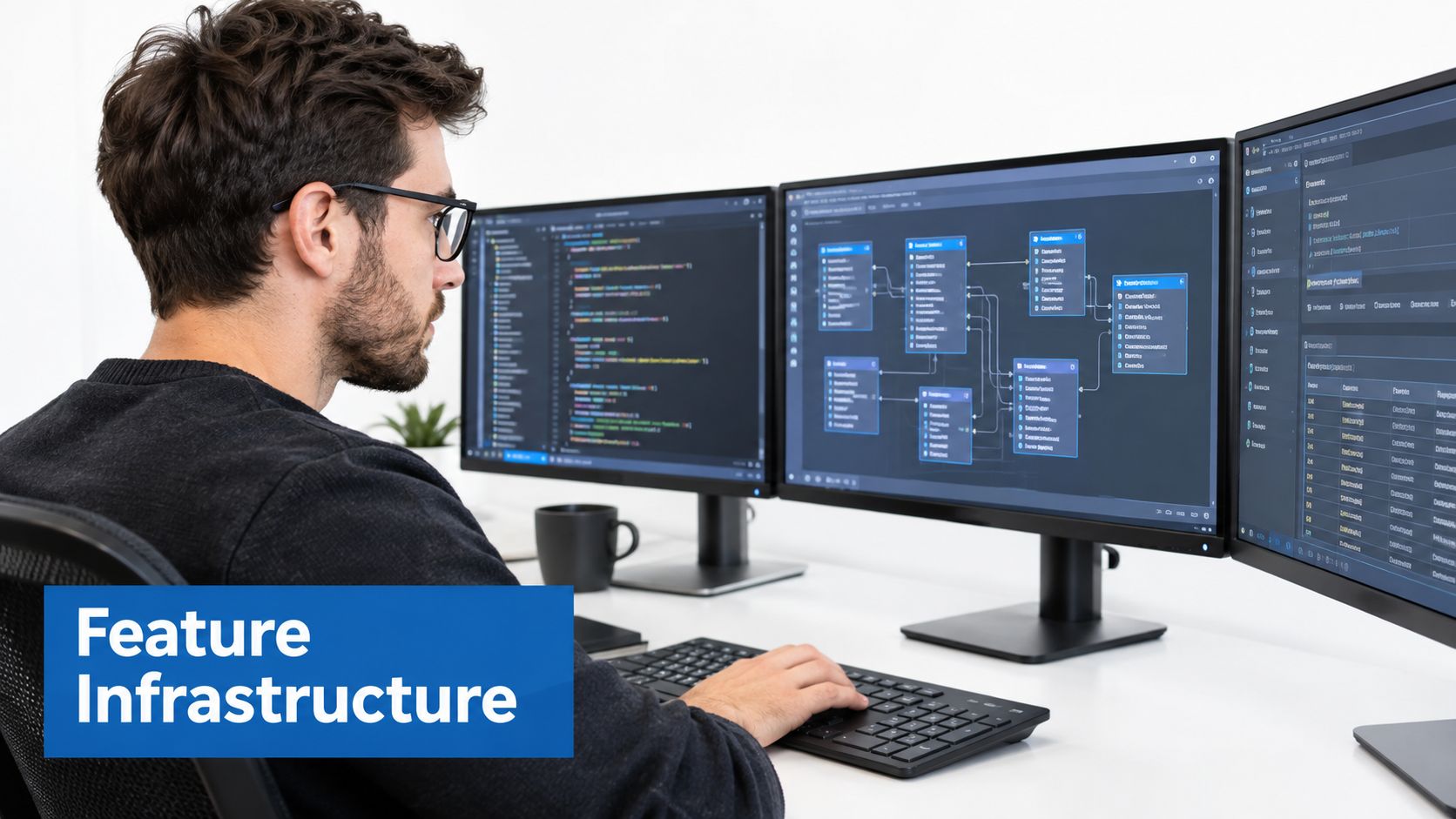 A male software developer working at a desk with multiple monitors displaying code and database schema diagrams.
