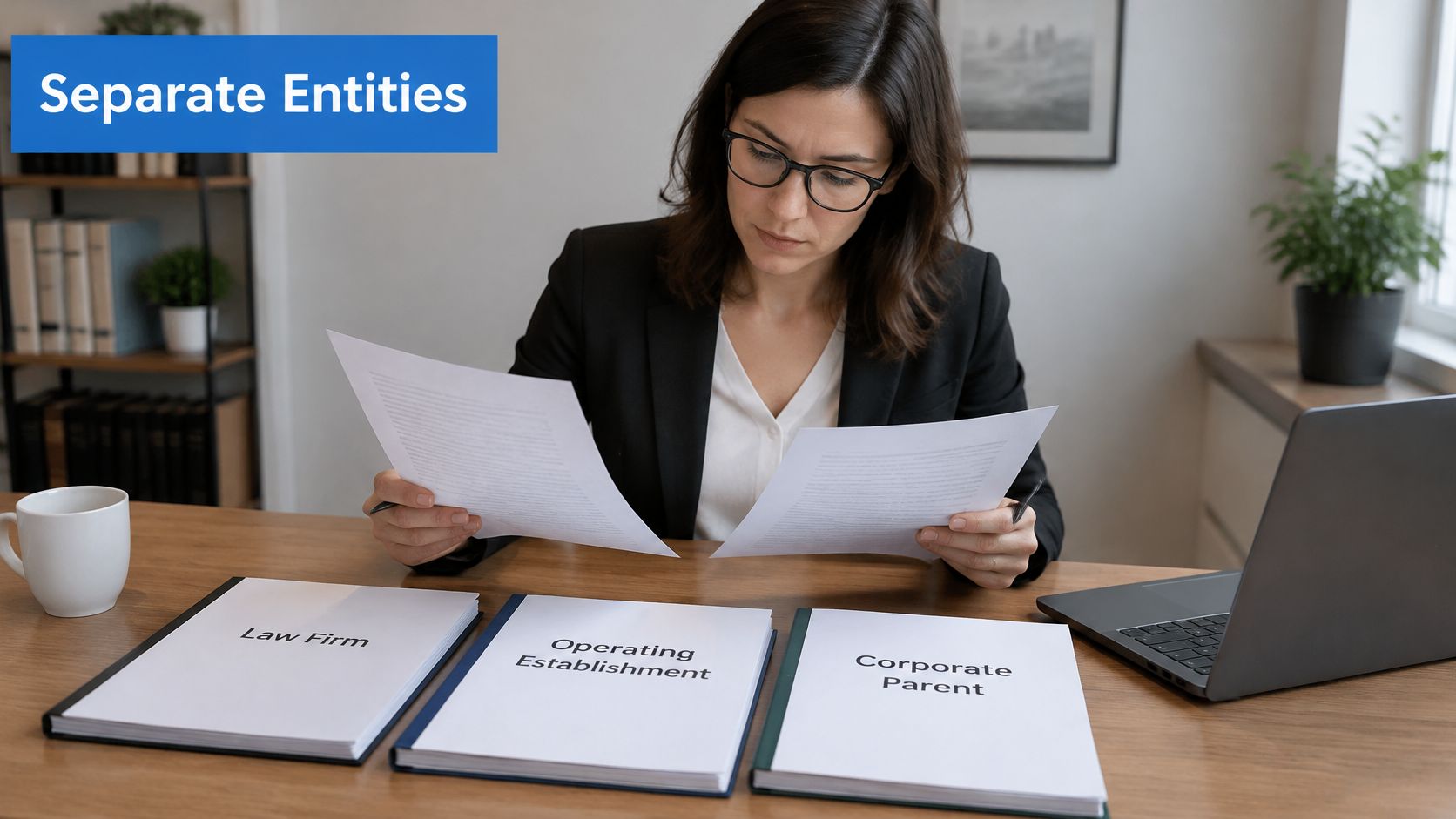 A professional woman in a blazer reviewing legal documents for three separate business entities at her desk.