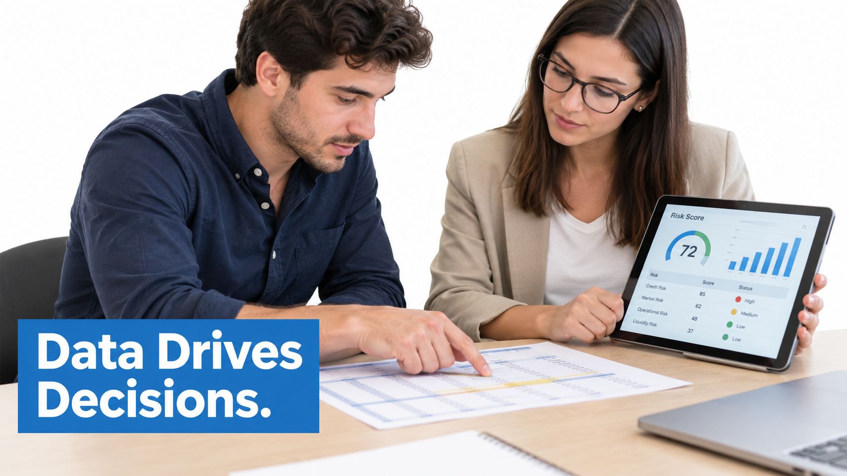 A professional man and woman analyzing business risk scores on a tablet and paper charts together.