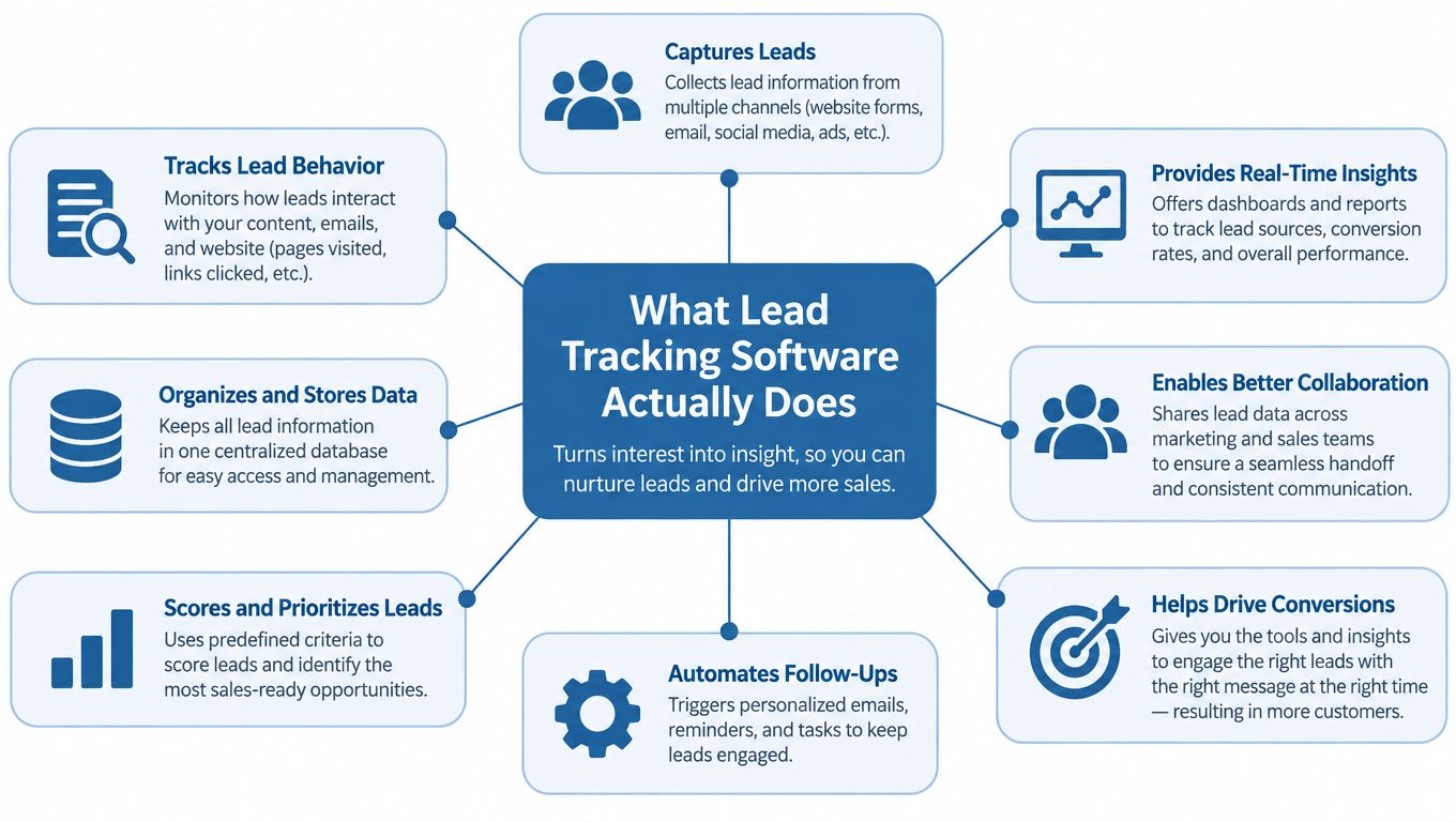 A diagram illustrating the eight core functions of lead tracking software, from capturing leads to driving conversions.