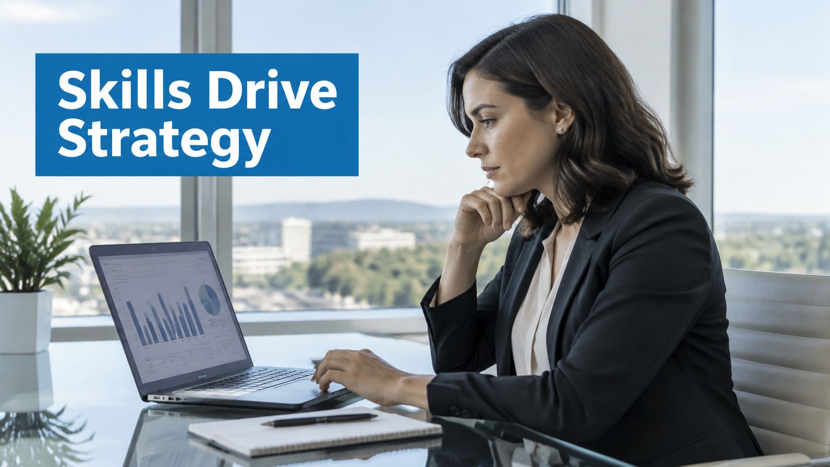 A professional woman in a suit looks at data charts on her laptop with a thoughtful expression.