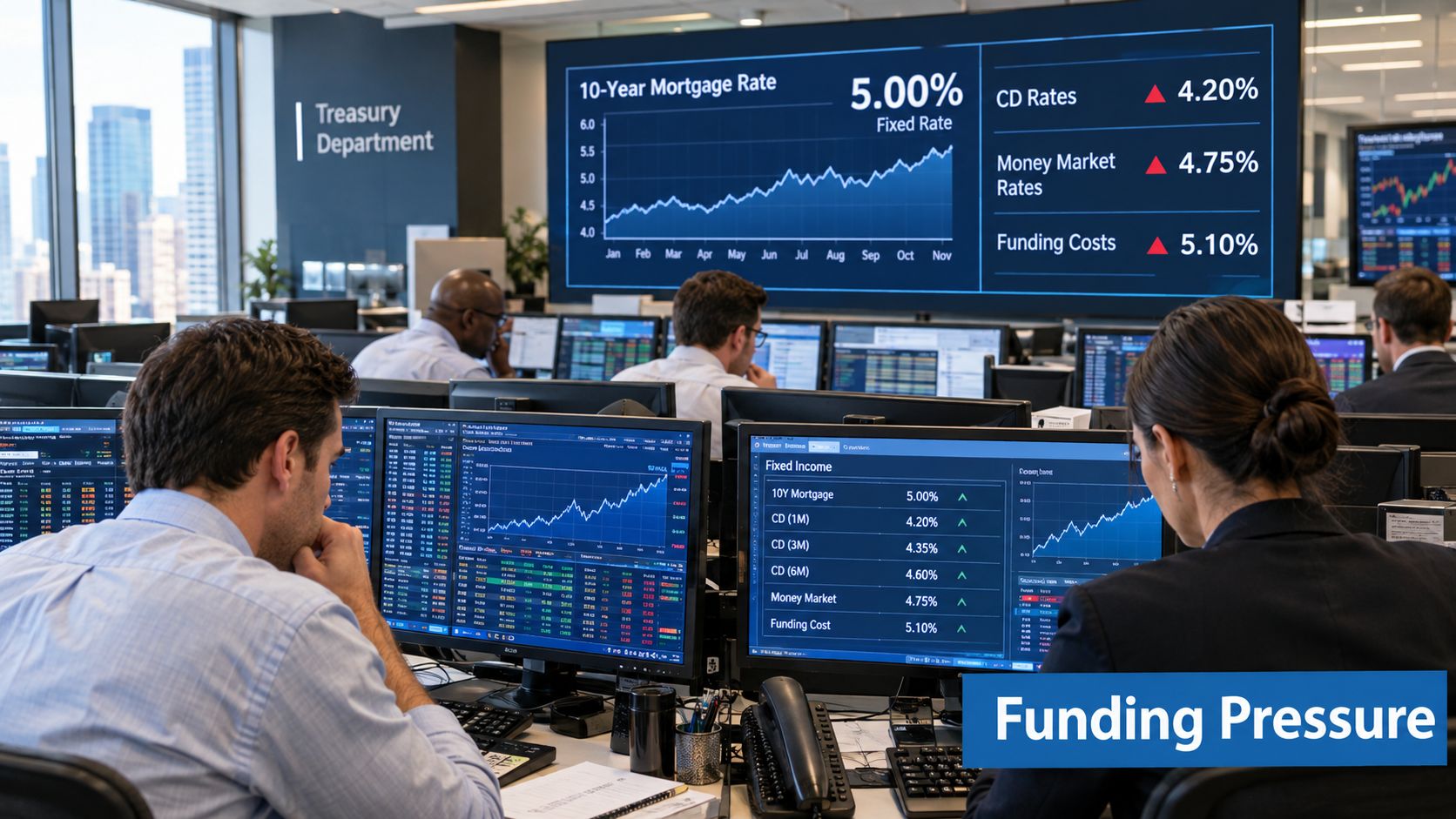 Financial professionals in an office environment analyzing real-time mortgage rates and treasury market data on screens.