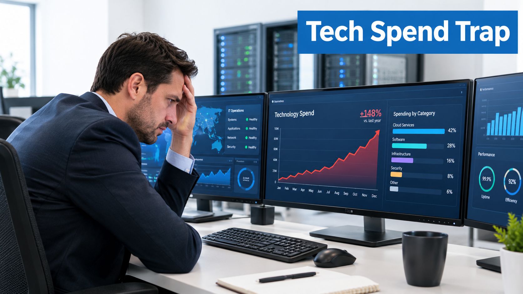 A stressed businessman looking at computer monitors displaying a rising technology spend graph and financial data.