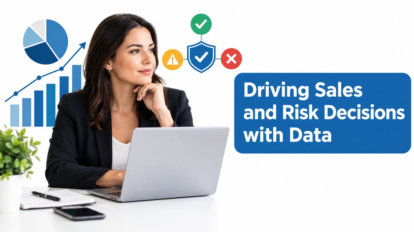 A professional woman working on a laptop with data charts and risk assessment symbols displayed nearby.