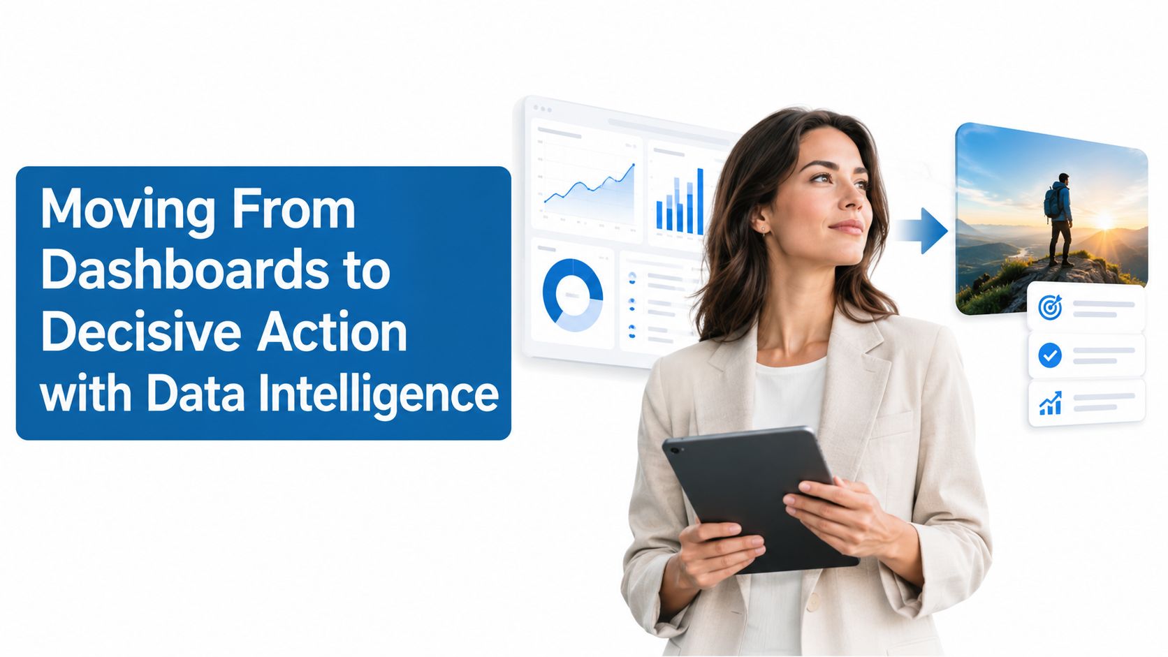 A professional woman holding a tablet with data dashboards transitioning into actionable insights and goal achievement.