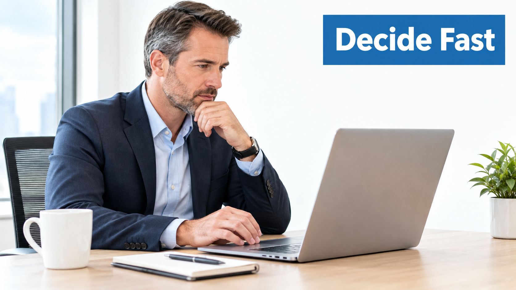 A professional businessman sitting at a desk looking intently at a laptop while thinking about decisions.