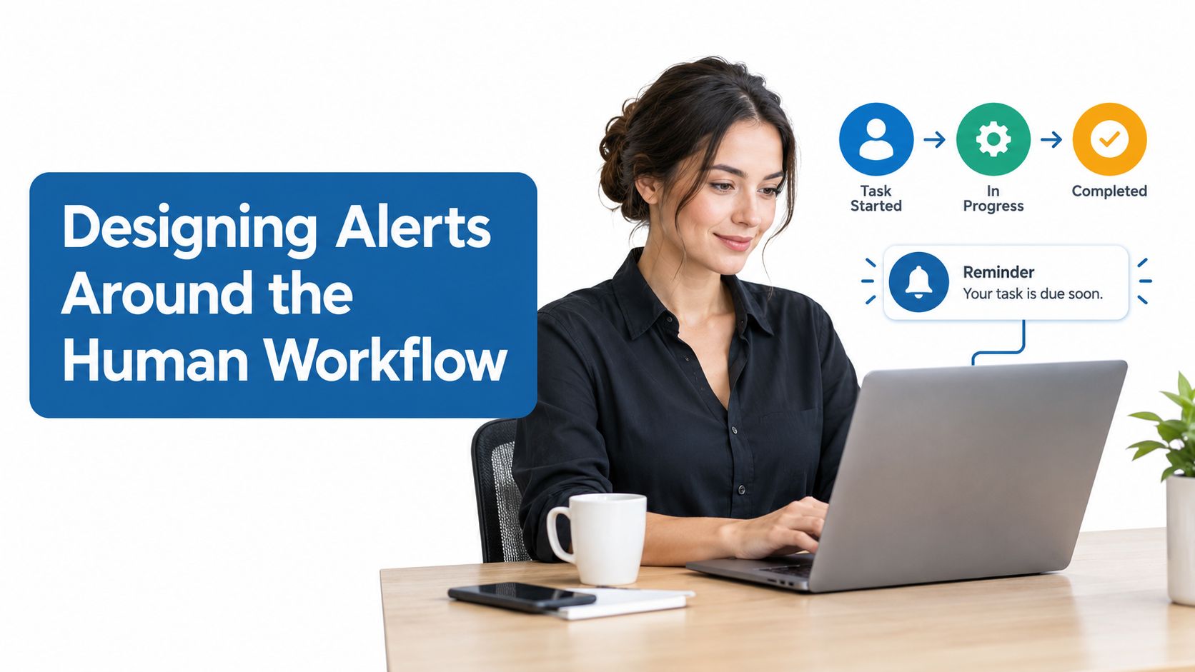 A professional woman working on a laptop with an interface showing task workflow and alert notifications.