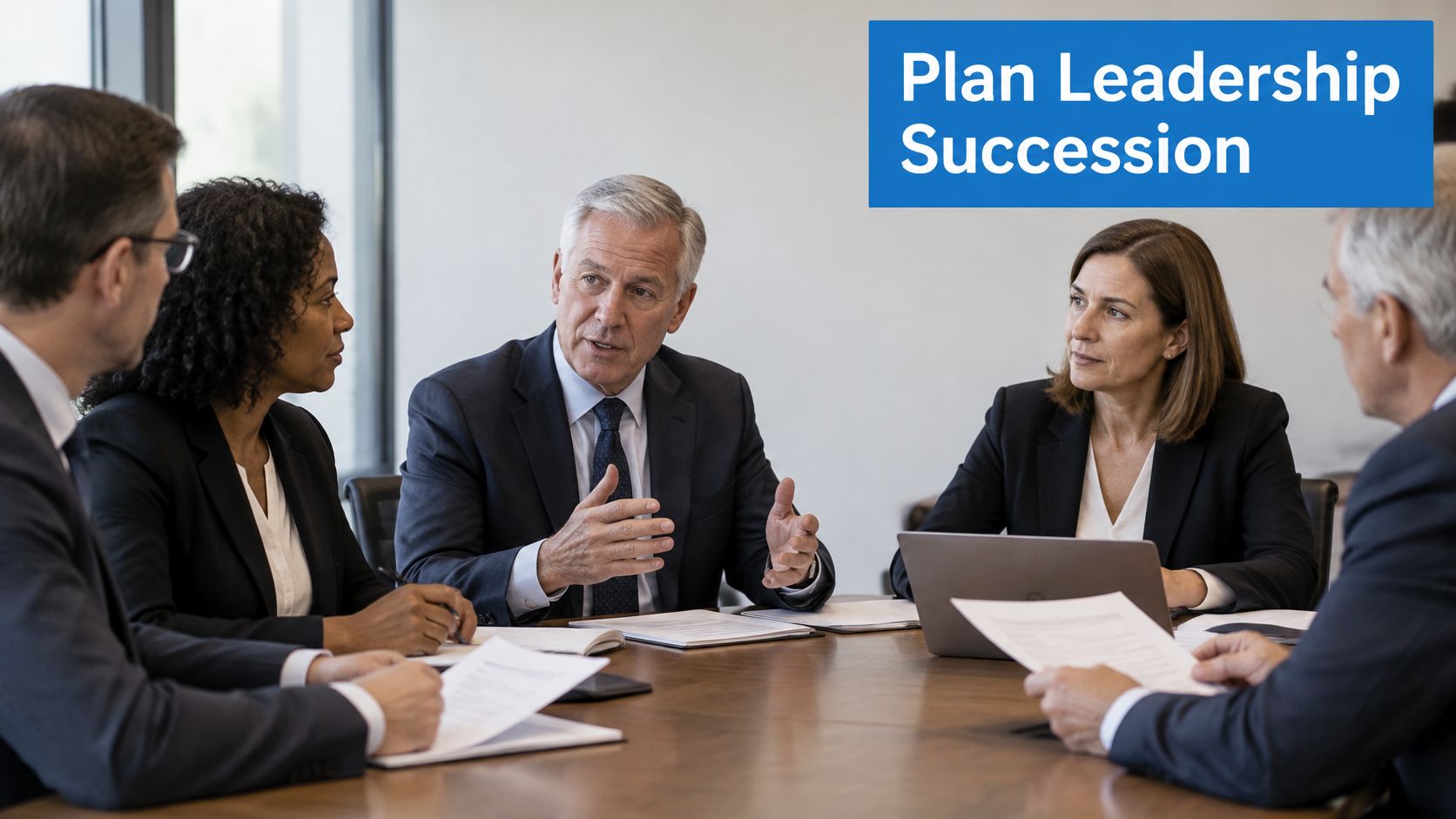 A diverse team of professionals in business suits discuss strategy around a conference table in an office.