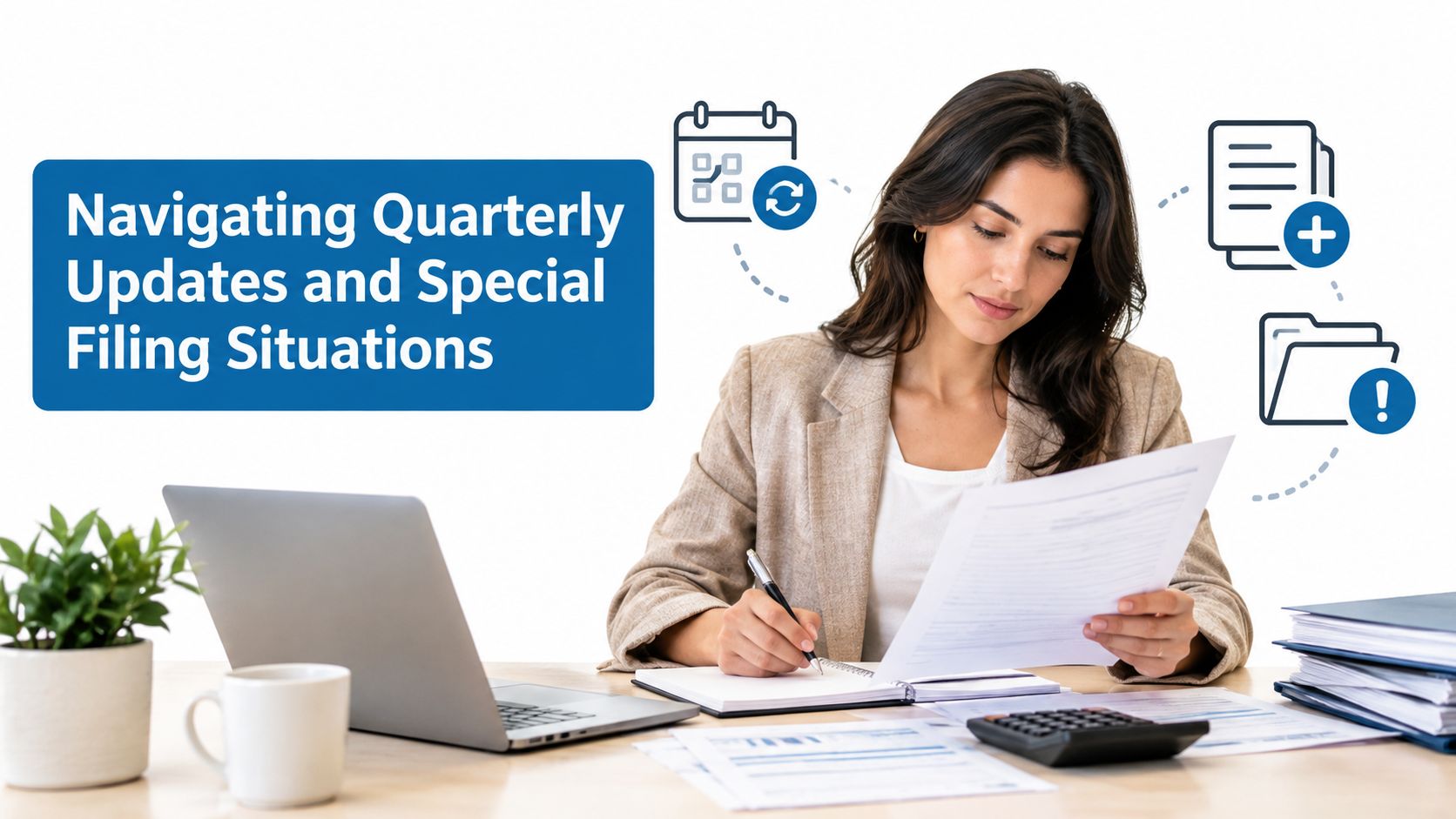 A professional woman working at a desk reviewing financial documents for quarterly filing compliance requirements.