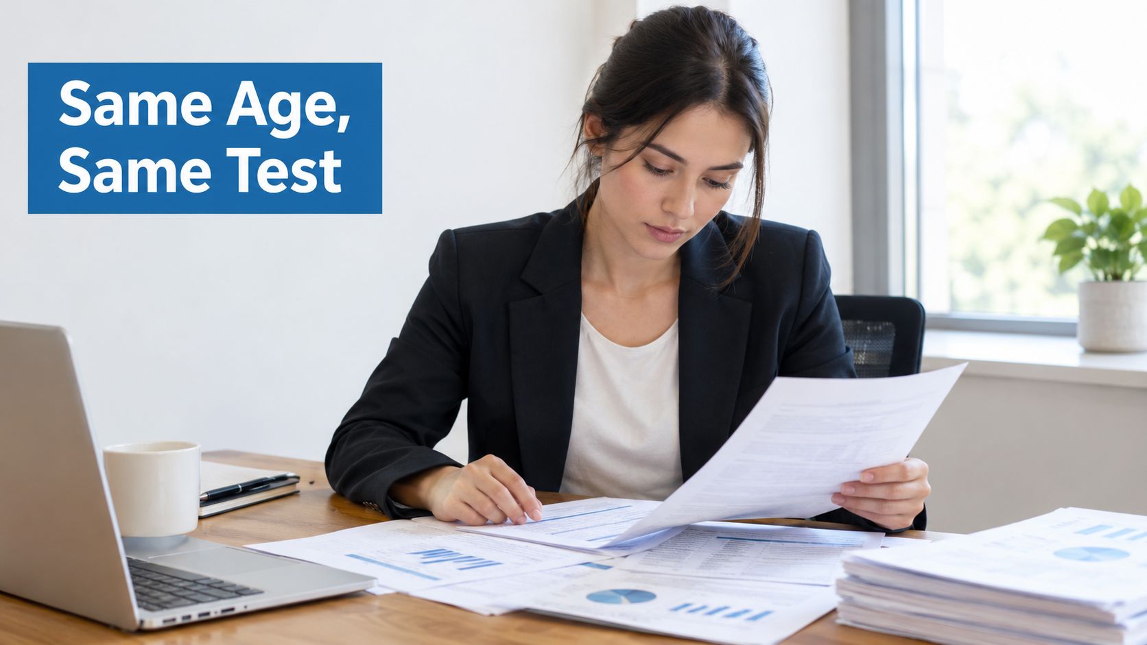 A professional woman in a business suit reviewing financial reports at a desk with a laptop.