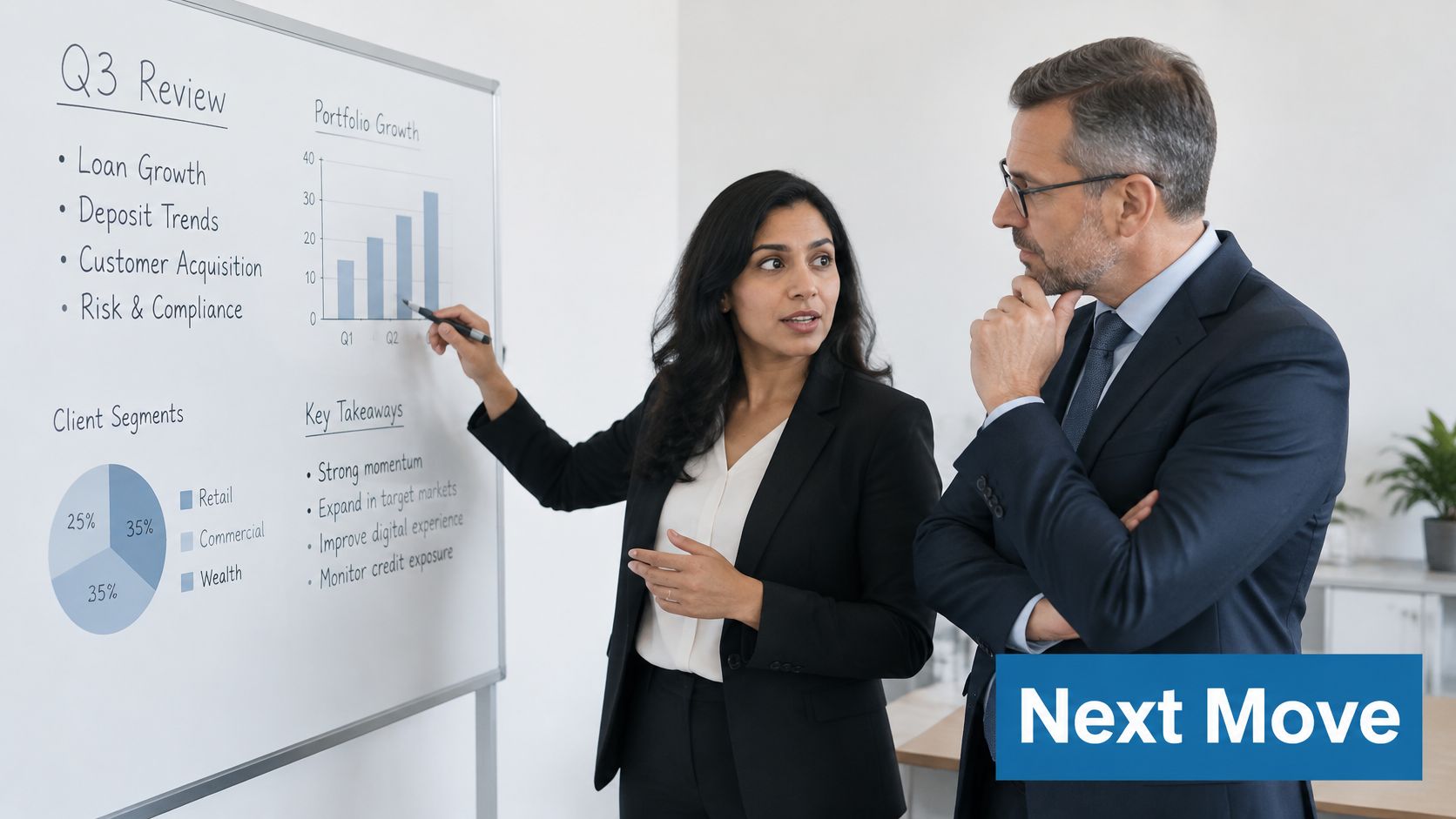 A businesswoman presenting a Q3 portfolio growth chart on a whiteboard to a professional colleague in office.