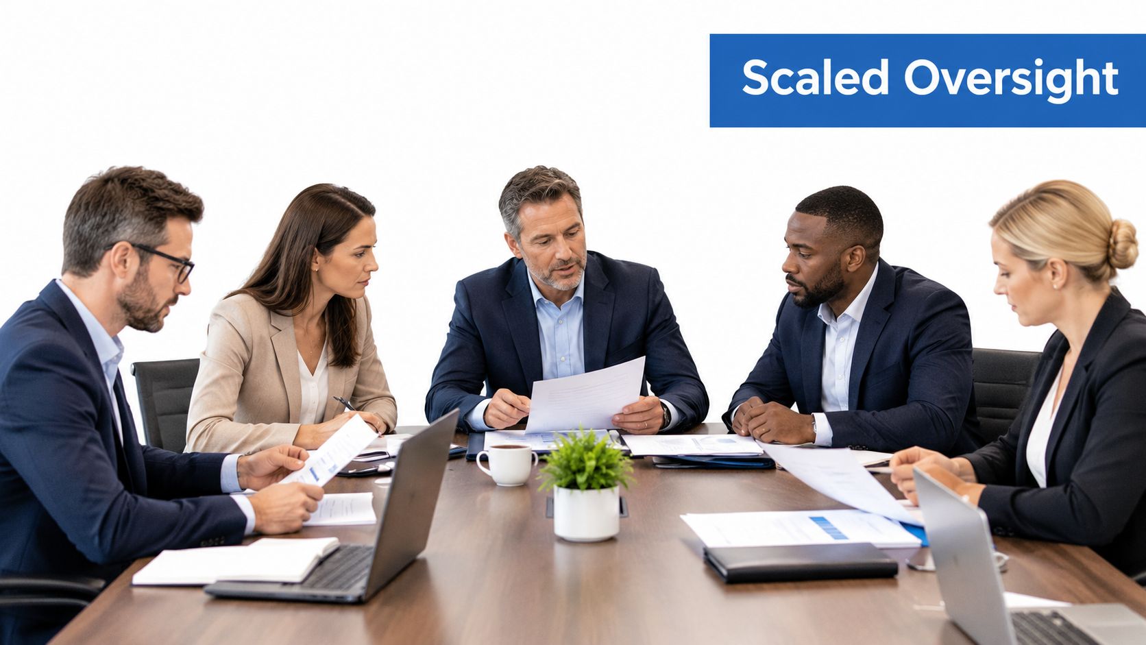 A professional group of diverse business executives in suits collaborating in a conference room during a meeting.