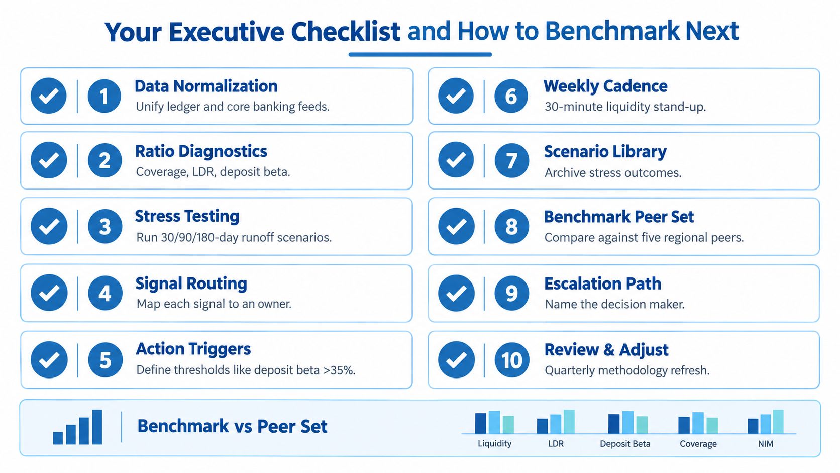 A 10-step executive checklist for financial benchmarking, liquidity management, and bank cash flow analysis procedures.