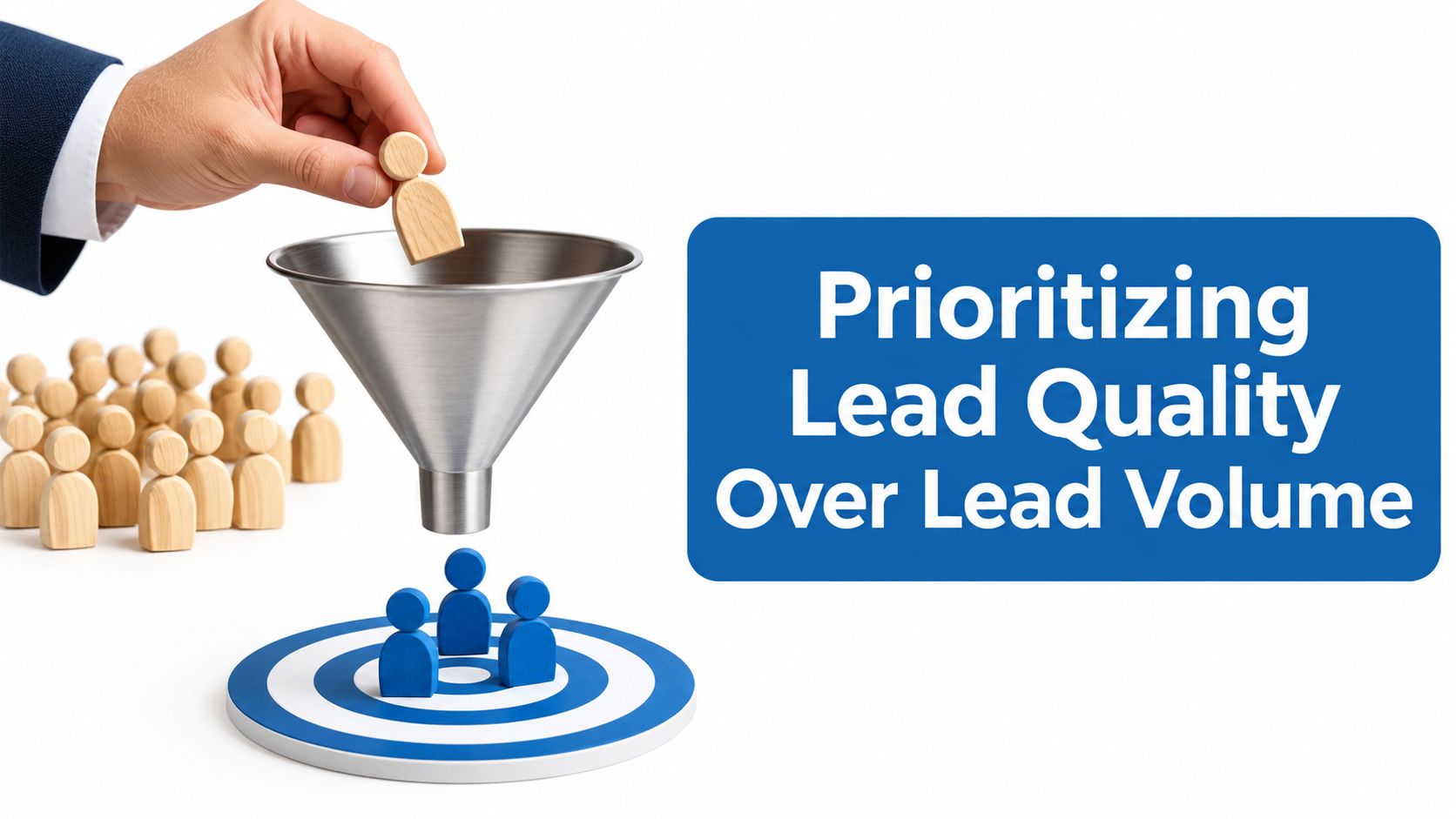 A hand placing a wooden figure into a funnel, representing prioritizing lead quality over lead volume.
