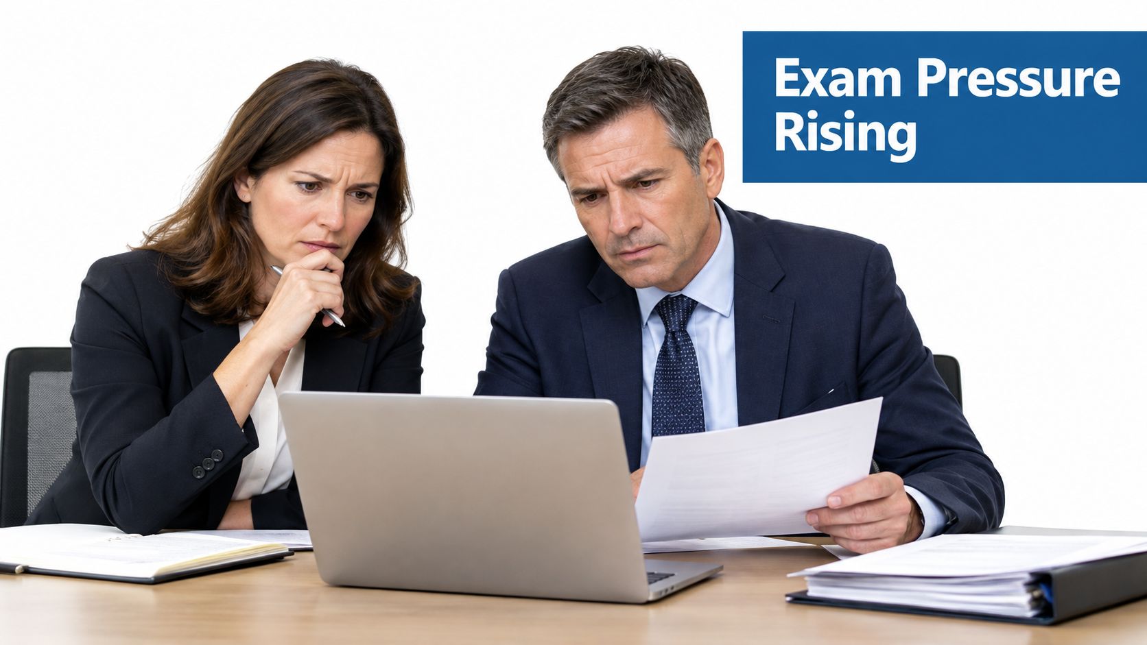 A professional man and woman looking concerned while reviewing documents and a laptop at their office desk.