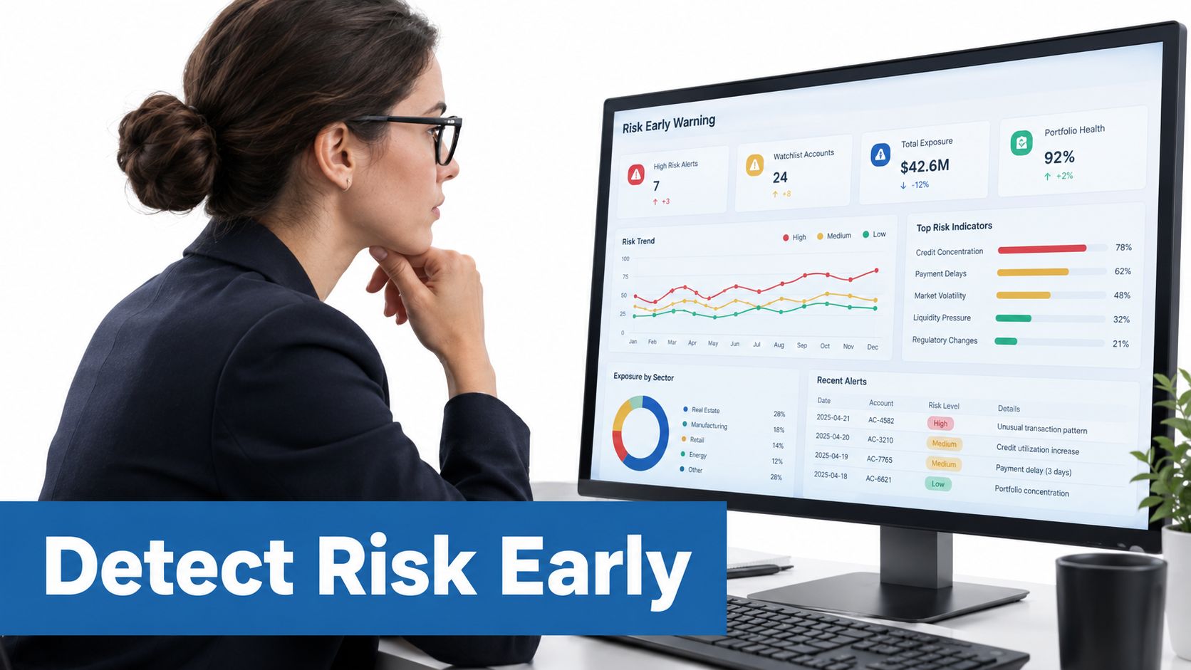 A professional business woman monitoring financial risk early warning data on a computer screen in an office.