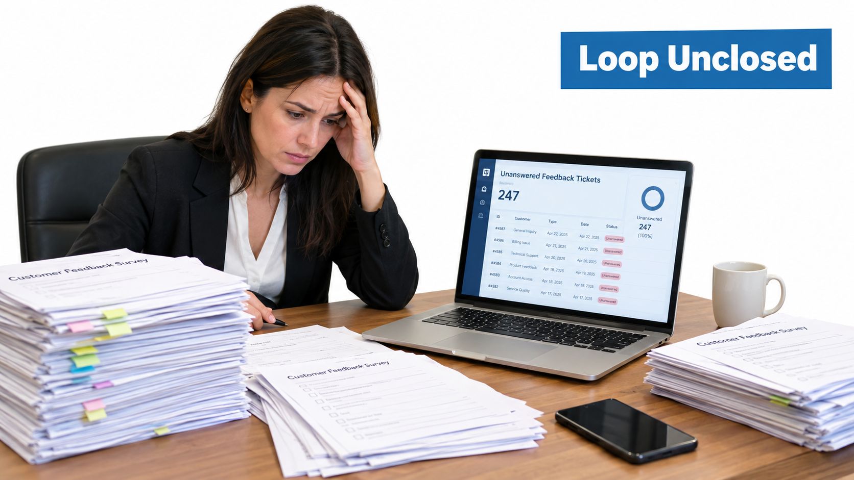 A stressed woman sitting at a desk overwhelmed by a large stack of customer feedback surveys.