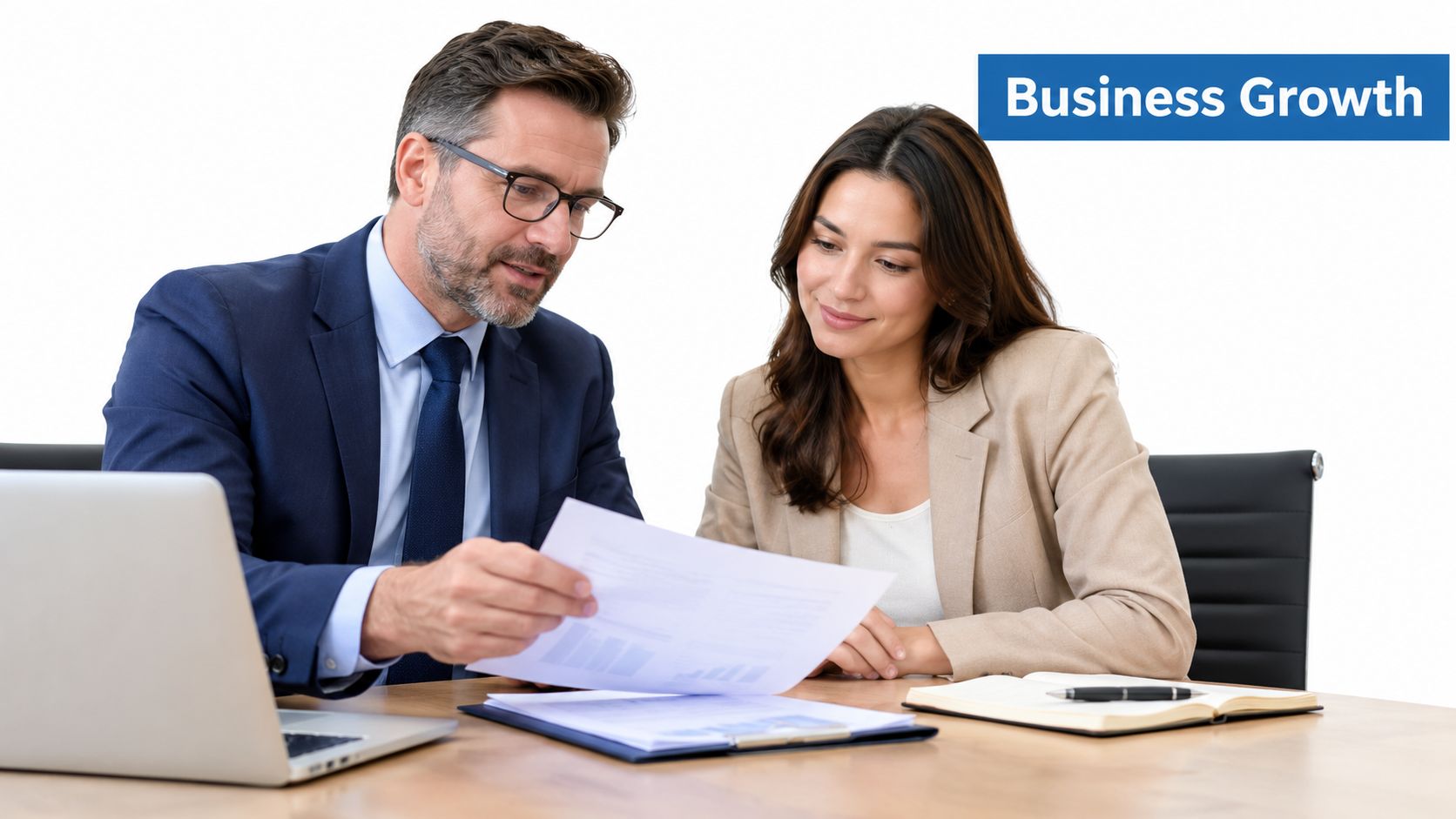 A professional man and woman reviewing business documents at a wooden office desk with a laptop.