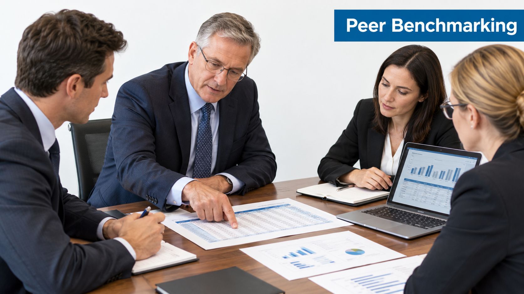 A professional team of business people sitting at a table analyzing data and documents together.