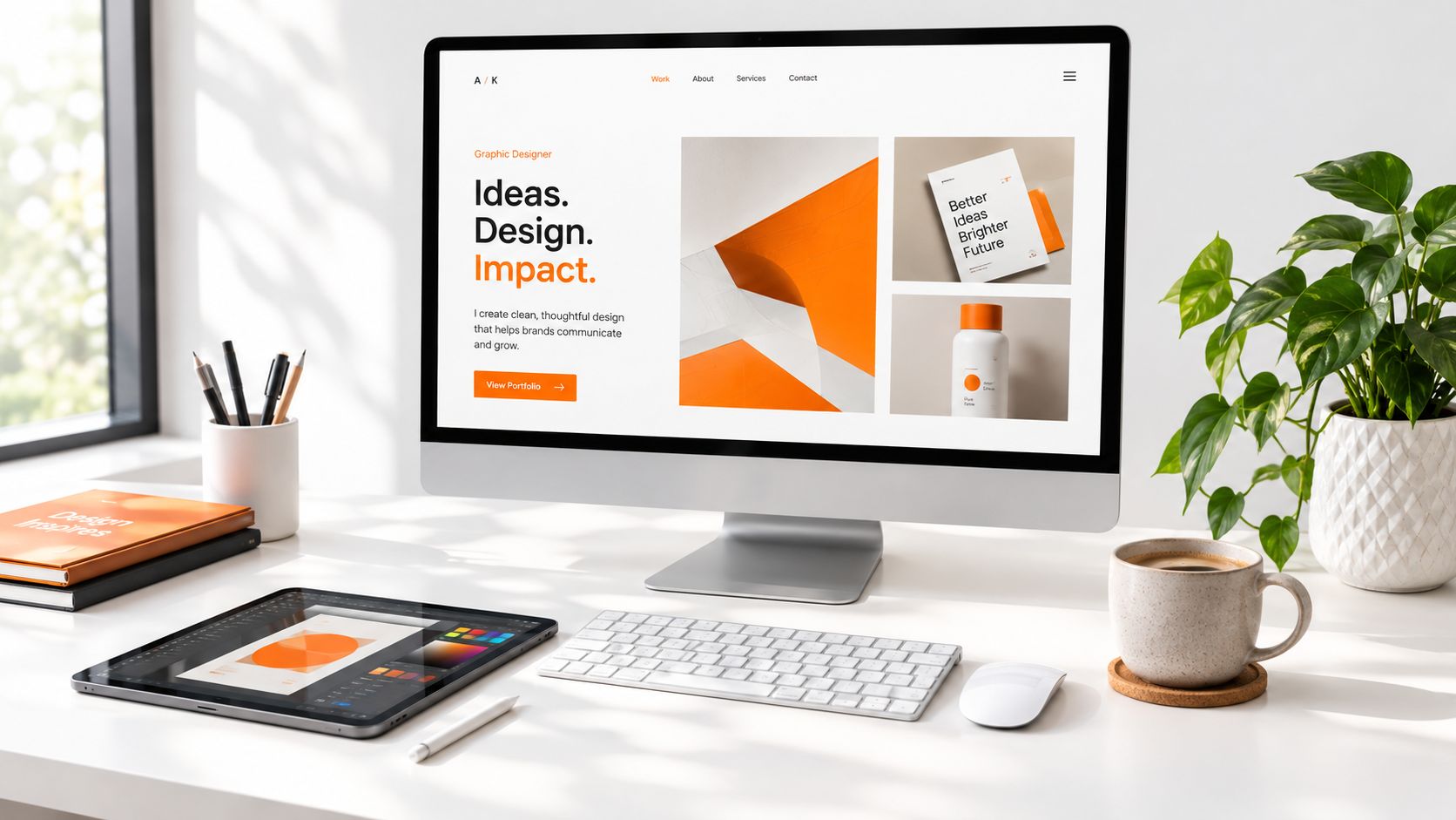 A modern workspace featuring a computer screen displaying a graphic design portfolio, a tablet, and desk accessories.