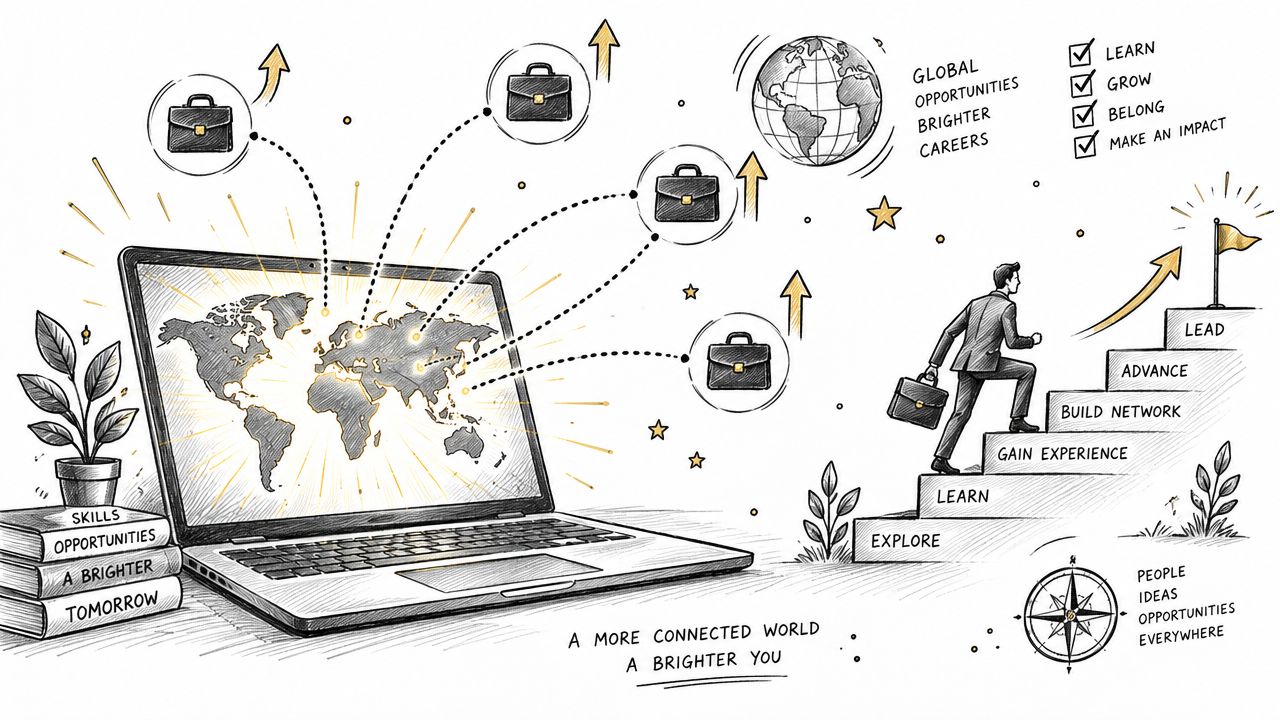 A hand-drawn illustration showing a laptop with a global map connecting to career development steps and growth.