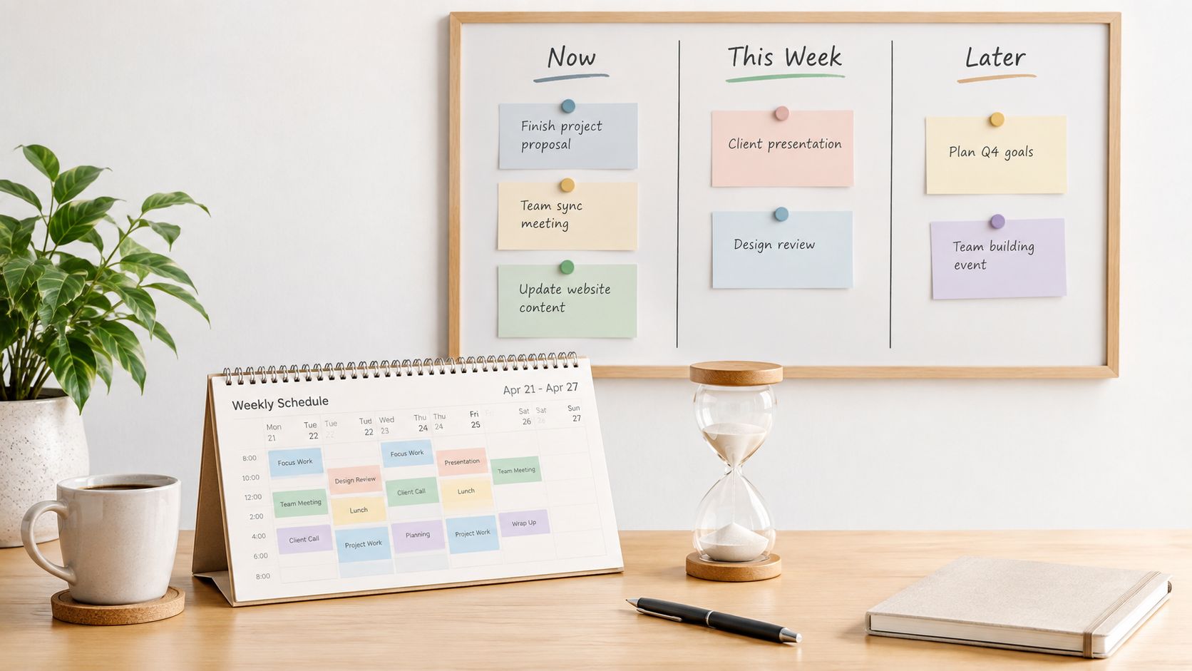 A clean office workspace with a weekly desk calendar, a task whiteboard, hourglass, and coffee cup.
