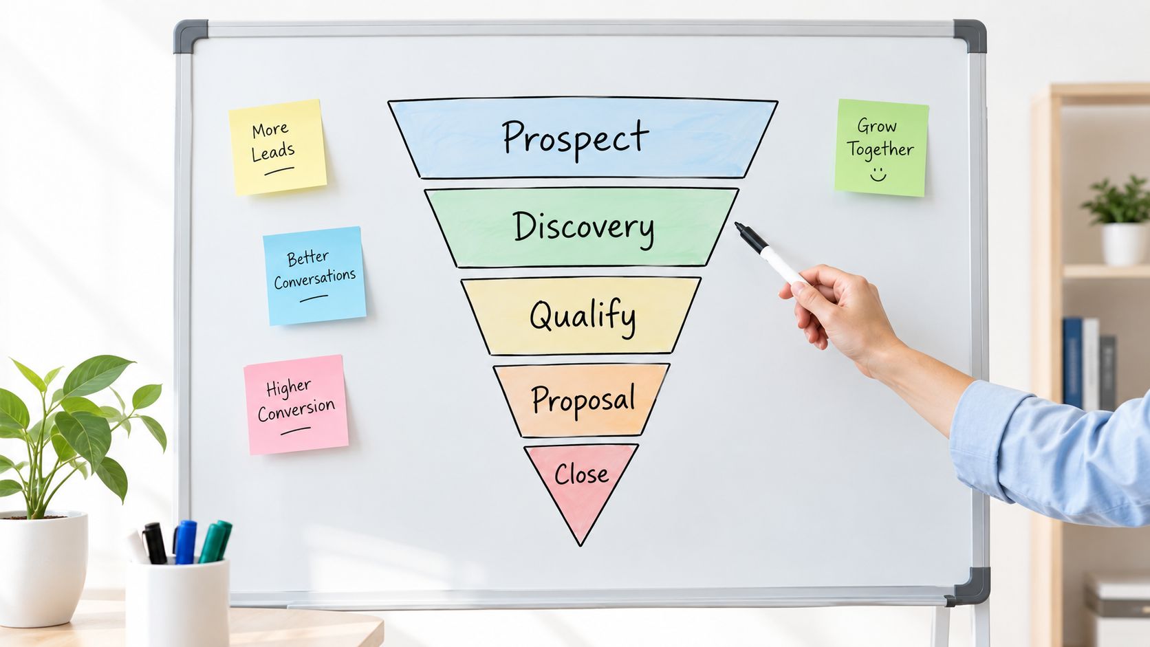 A whiteboard showing a business sales funnel diagram with stages including prospect, discovery, qualify, proposal, and close.