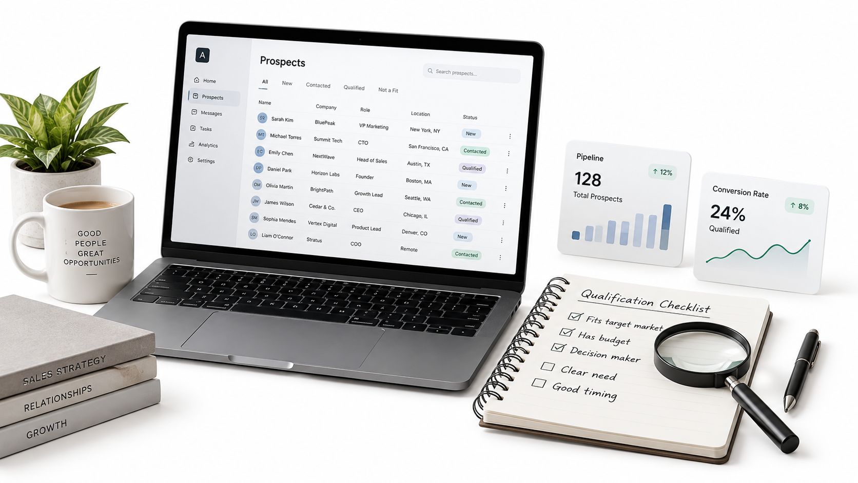 A modern workspace with a laptop displaying sales data, a qualification checklist, and sales management business tools.