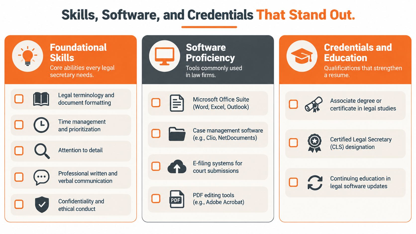 A chart outlining essential skills, software proficiency, and educational credentials required for professional legal secretary roles.