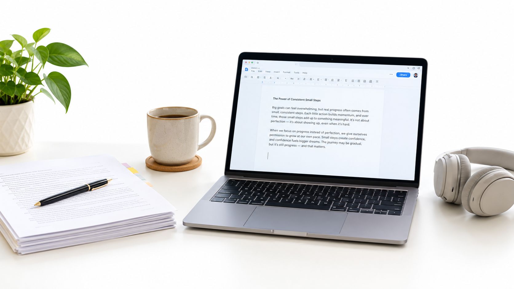 A minimalist home office desk setup with a laptop, a cup of coffee, and a houseplant.