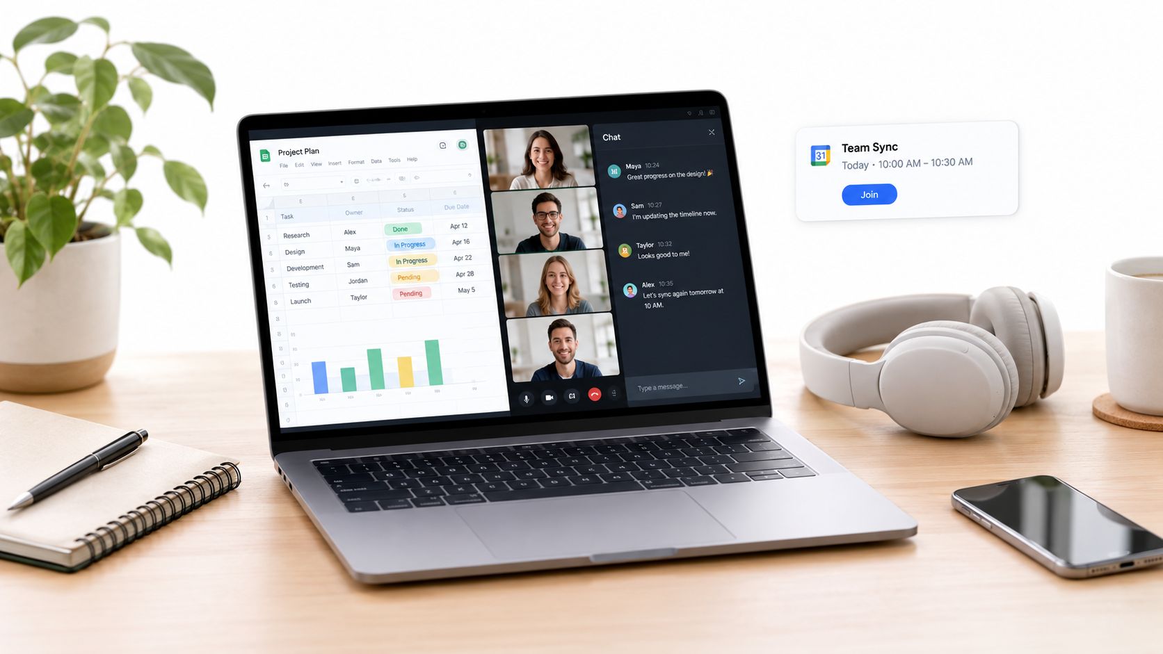 A modern laptop on a desk showing a virtual meeting, spreadsheet, and chat with team members.