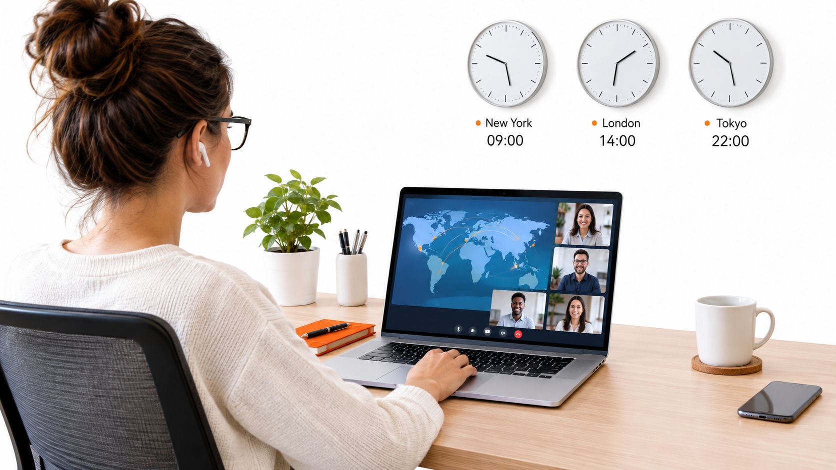 A professional woman participating in a global video conference on her laptop while working at her desk.