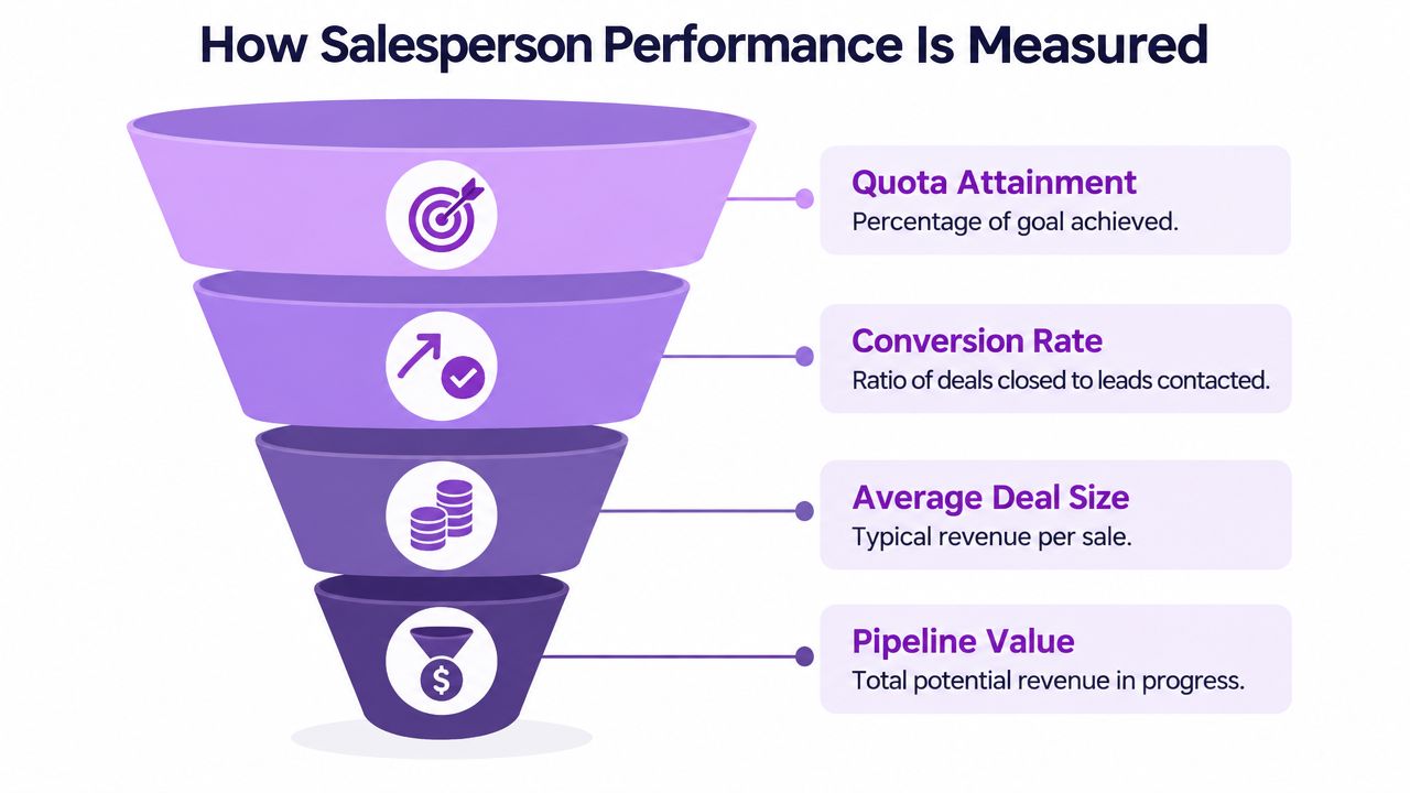 A funnel diagram illustrating four key performance indicators used to measure a salesperson's overall professional performance.