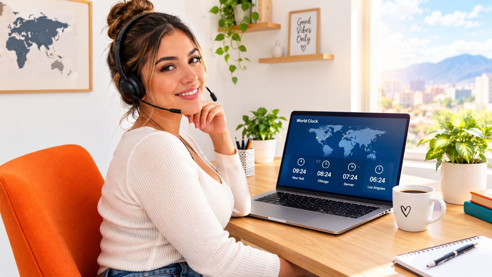 A friendly female remote customer support specialist wearing a headset while working on a laptop at home.